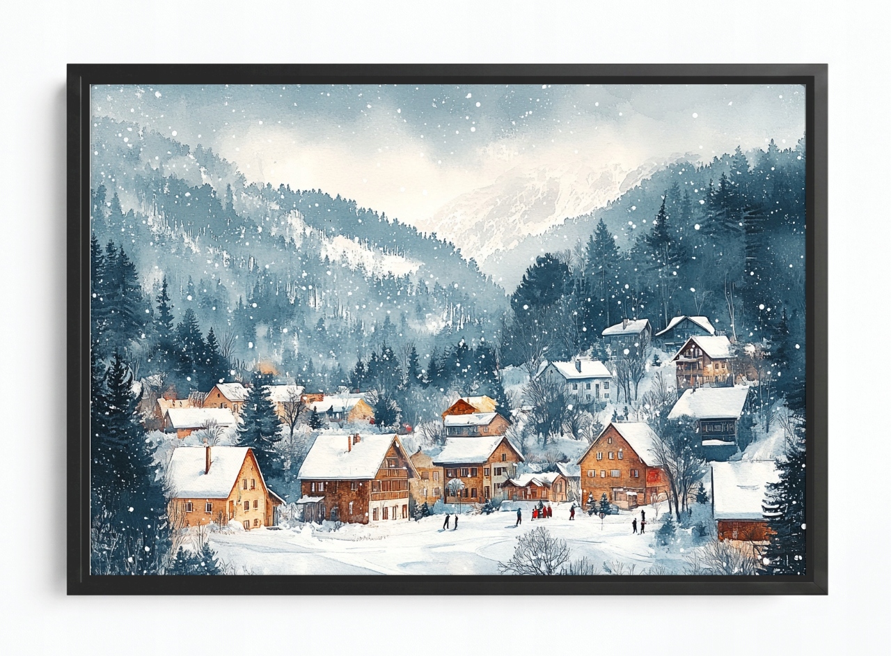 Obraz Rám Americký Box Zima Krajina Hory Vesnice Osada Domy Sníh Les 60x40