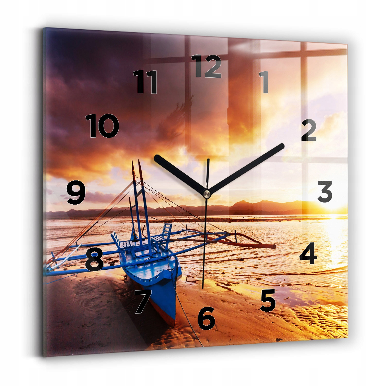 Skleněné hodiny s motivem Elegantní hodiny Tichá loď a západ slunce 30x30