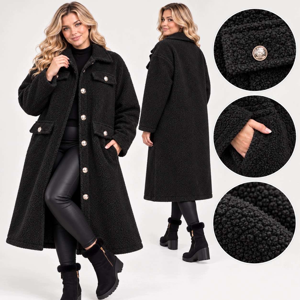 5627 Kabát beránek teddy černý módní ozdobné knoflíky 50 52 5XL 6XL