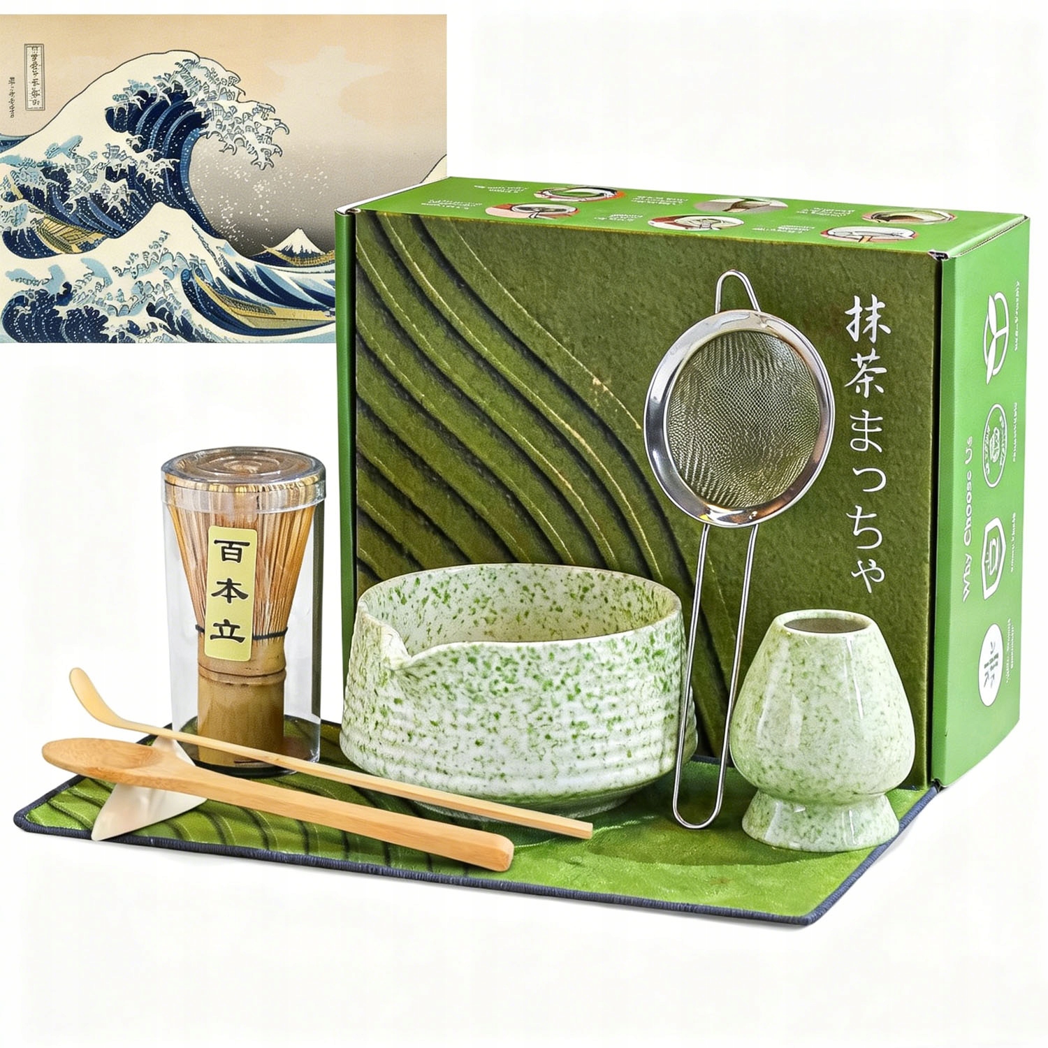 Sada Matcha 8 Ks Keramická Černá S Výlevkou Chasen Sítko Matcha Zelená