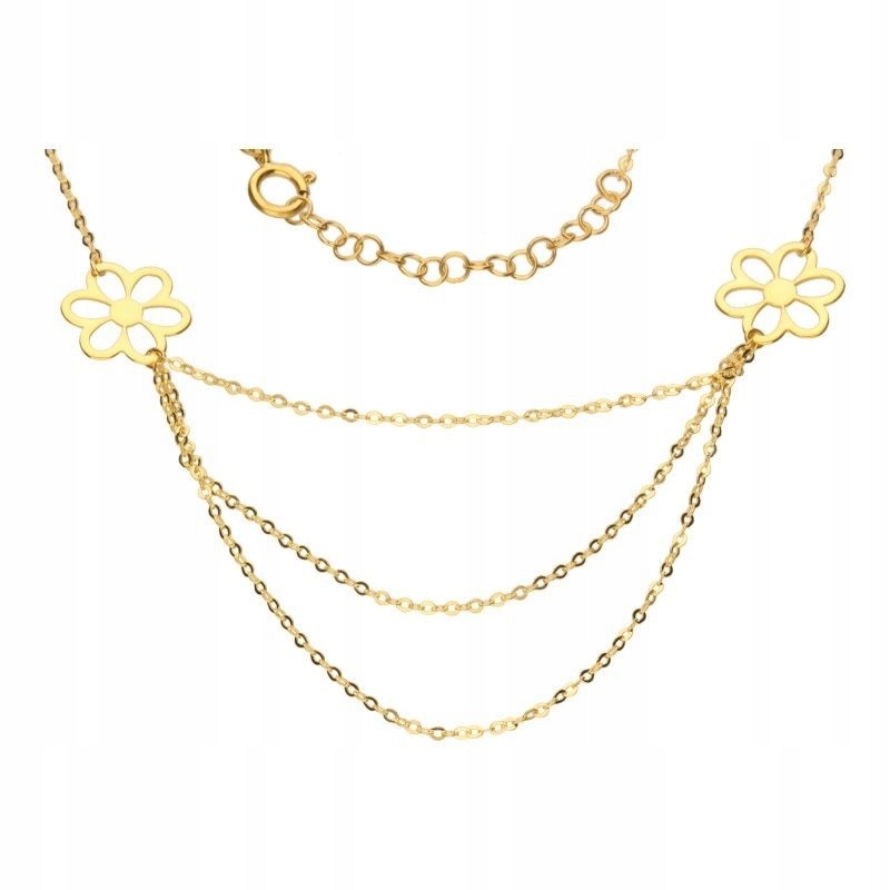 Zlatý dámský náhrdelník 585 s trojitým květinovým motivem a prolamovanými květy