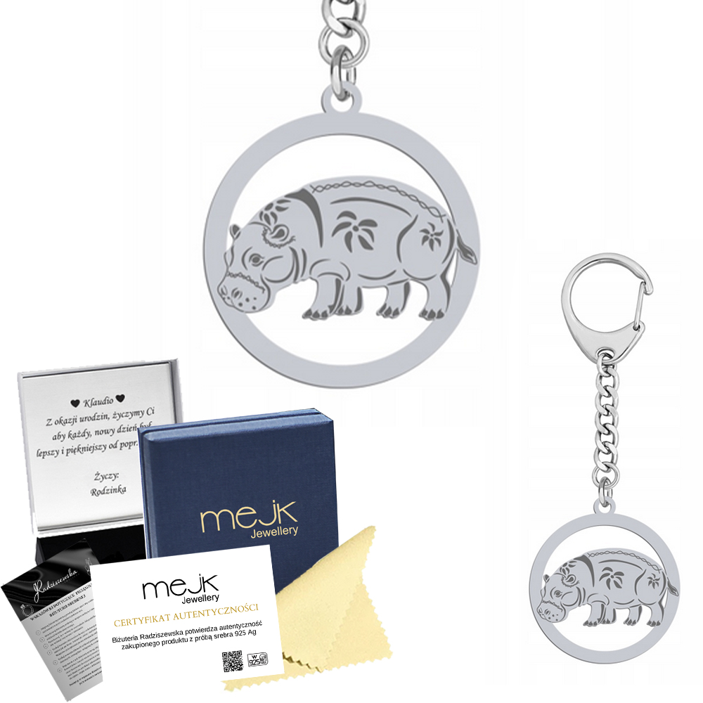 Přívěsek Na Klíče s Hipopotamem 925 Šperky Dárek Gravírování Bonus