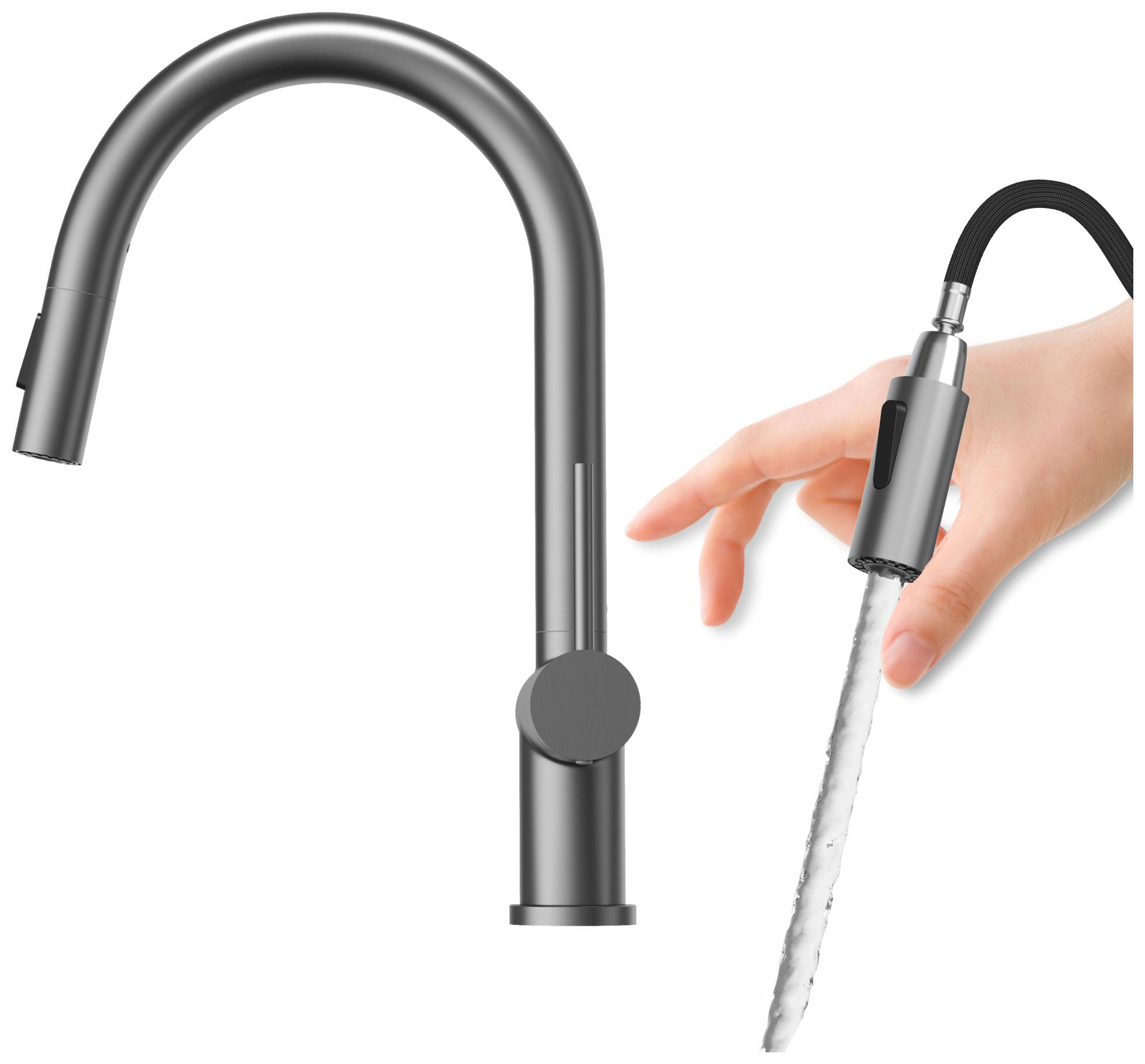 Vysoká kuchynská batéria chrómová s výsuvným otočným výtokom Naya Gun Gray