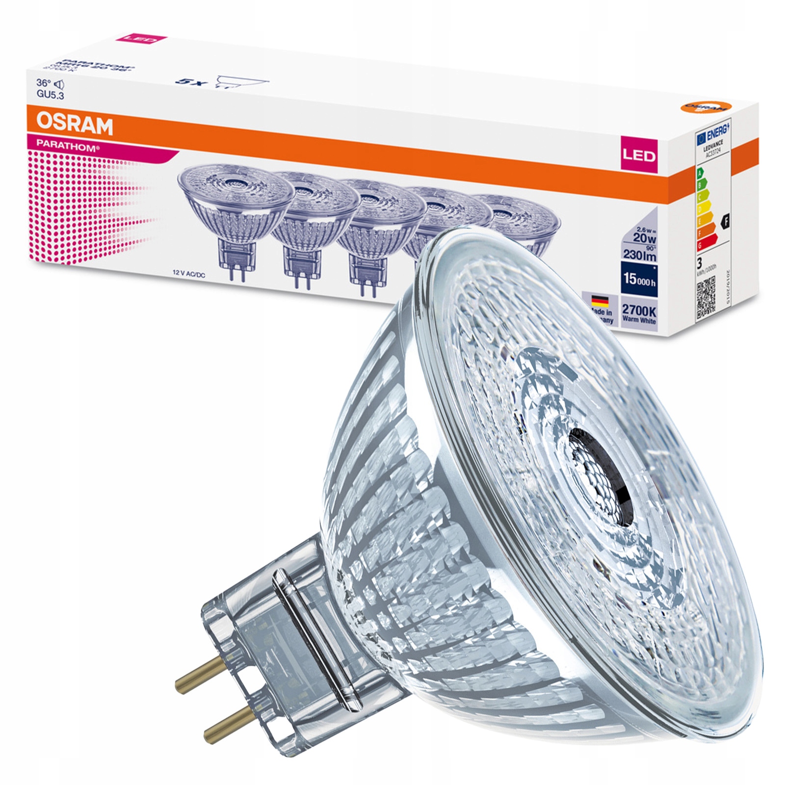 5x Żarówka Led MR16 Reflektor GU5.3 2.6W 20W 230lm 2700K Parathom Osram