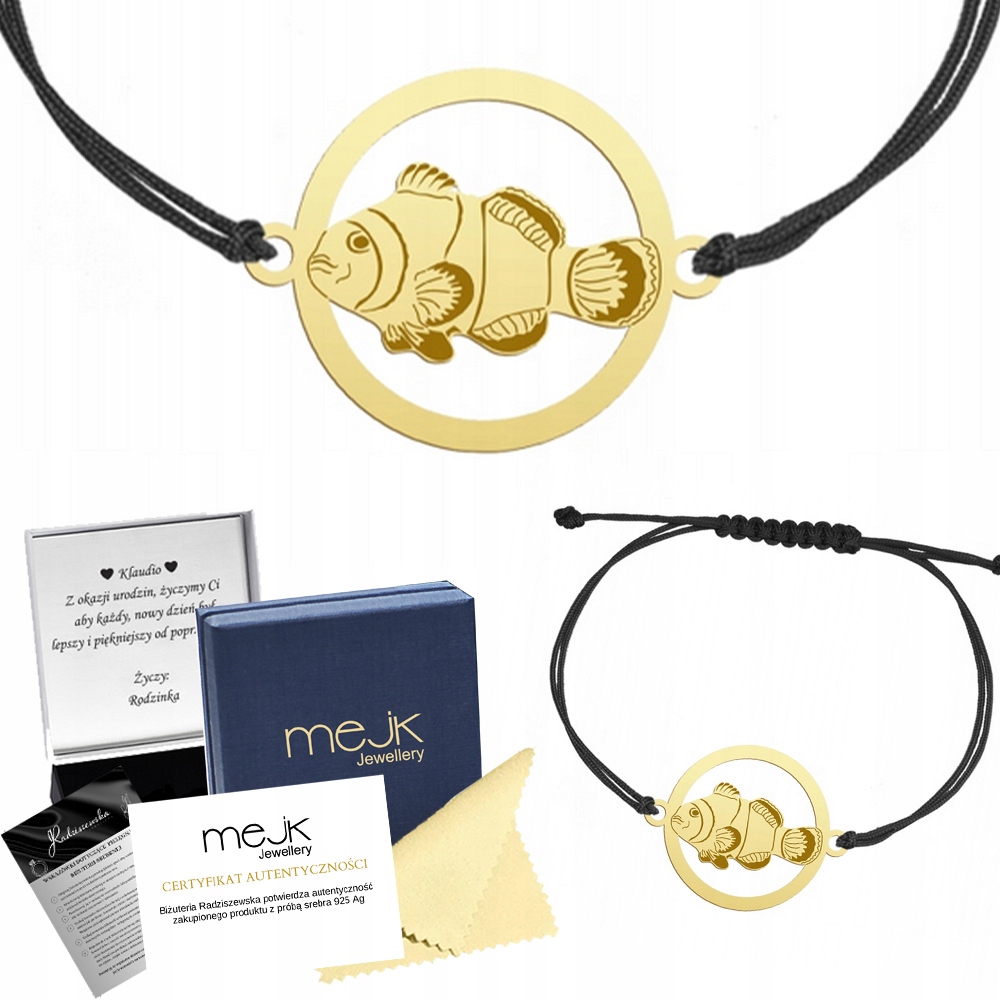 Zlatý náramek s rybkou Nemo 925 Šňůrka Dárek Šperky Gravírování Bonus