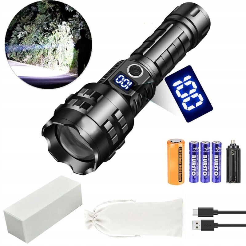 Mocna Latarka Taktyczna 15000 Lumenów Usb Wojskowa na kemping 5MODI