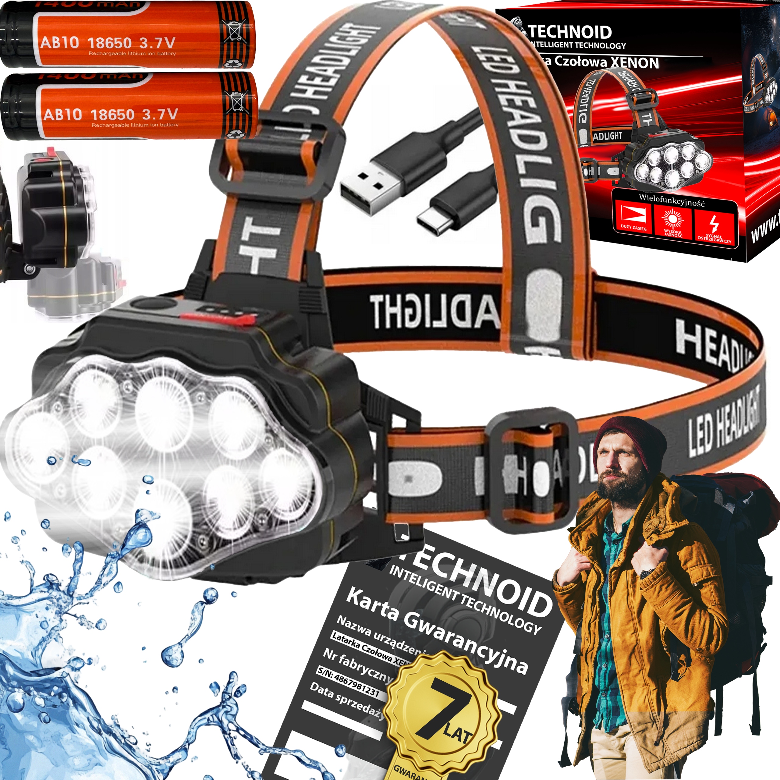 Čelovka Technoid Xenon 5000T 5000 LM 8 Led 4 Režimy Usb Vodotěsná