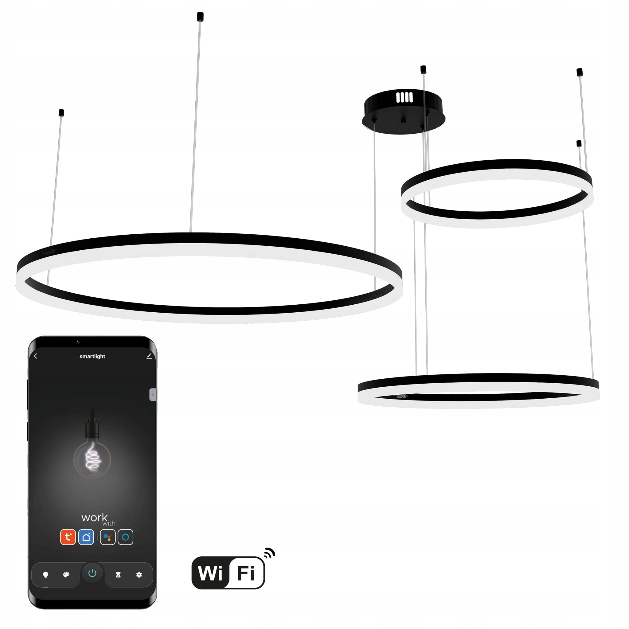 Okrúhla WiFi lampa Tuya 80+60+40 cm Led Čierna závesná Ring Circle