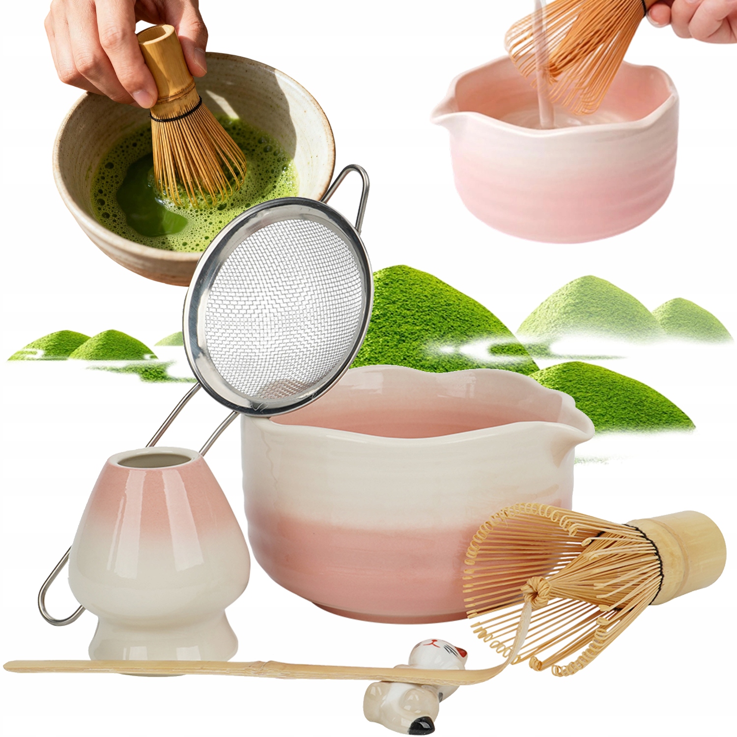 Ceramiczny Zestaw Do Matchy 6 Szt Różowy Z Akcesoriami I Kocim Uchwytem