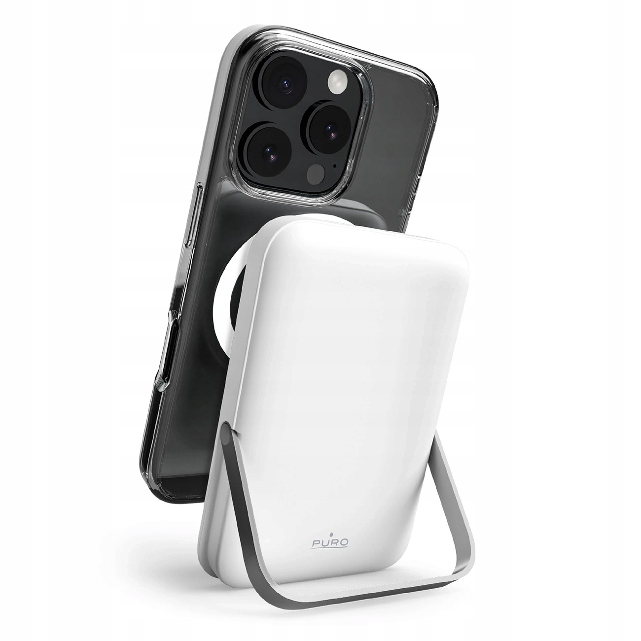 Bezdrátová powerbanka Puro 10000 mAh MagSafe s hliníkovým podstavcem – bílá