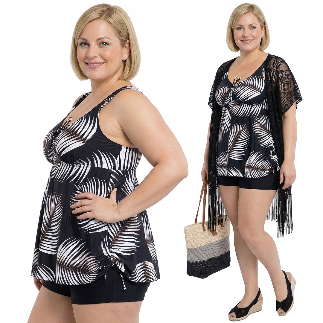 Černé plavky s bílými listy plus size velikost 54