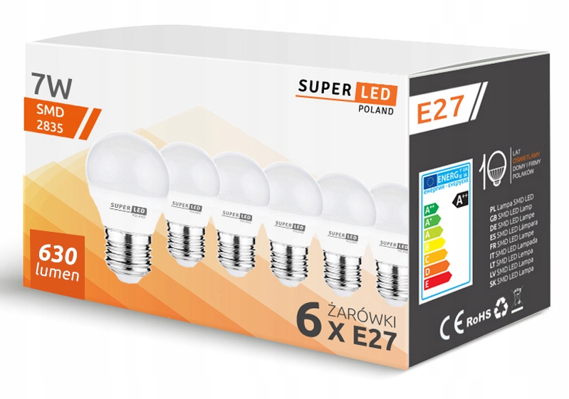 

6x Żarówka Led E27 630lm 7W kula G45 SuperLED