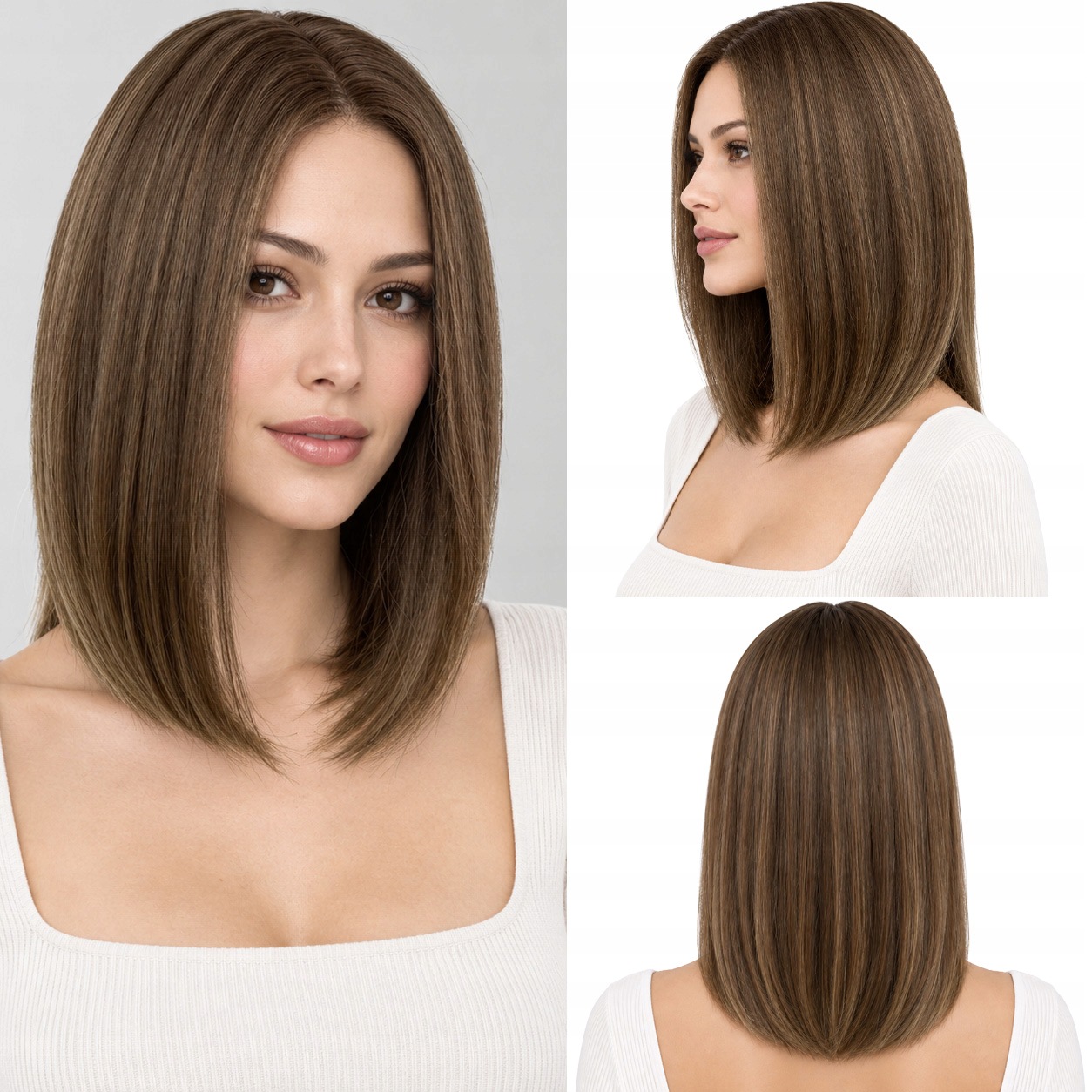 Peruka Syntetyczna Włosy Sztuczne Bob Brązowa Jak Naturalna Krótka 35cm