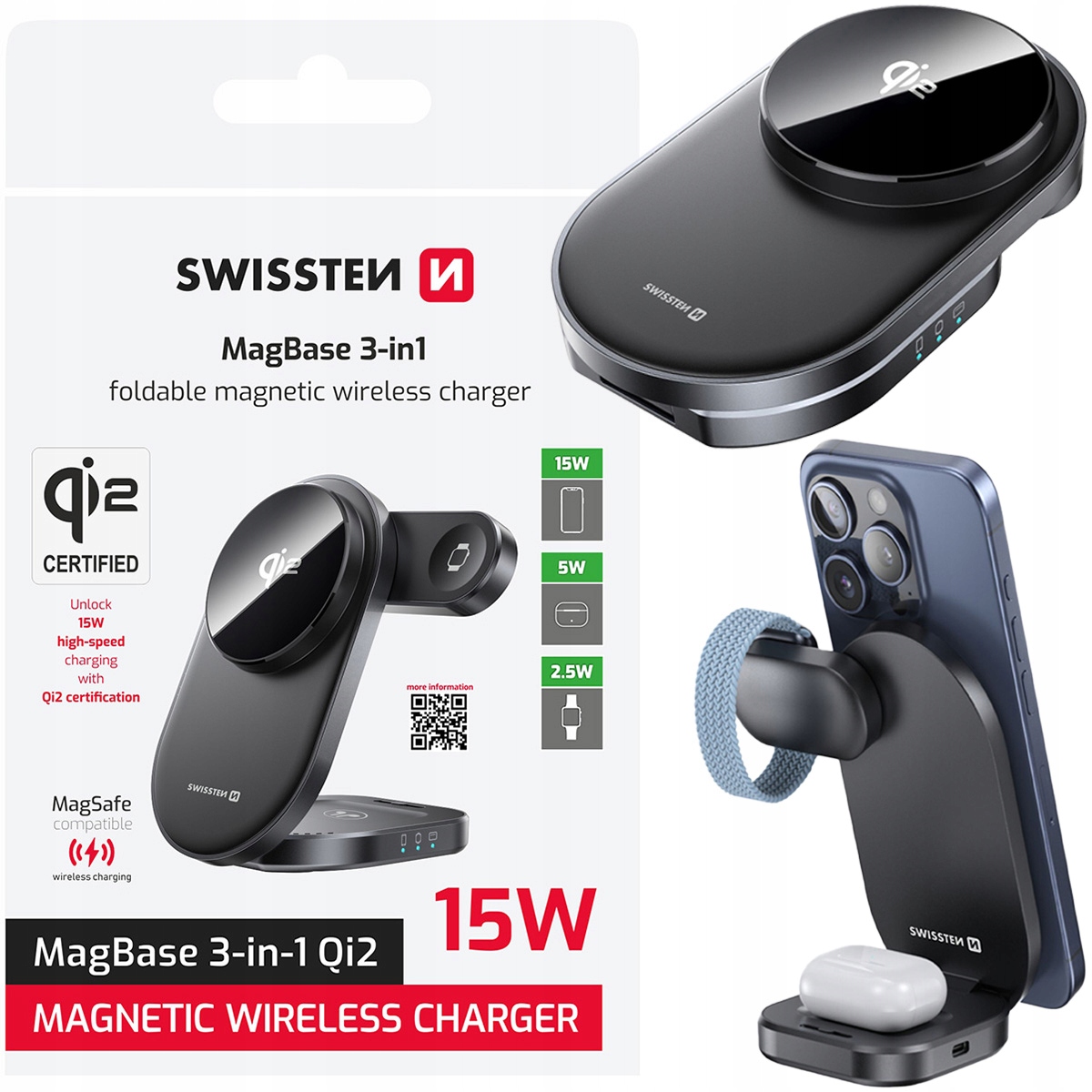 Ładowarka Swissten 3w1 składana Qi2 15 W do iPhone'a Apple Watcha AirPodsów