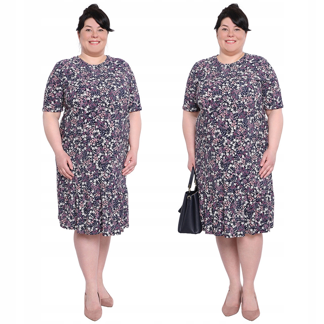 Tmavě modrá šaty s volánkem a béžovo-růžovými květy 52/54