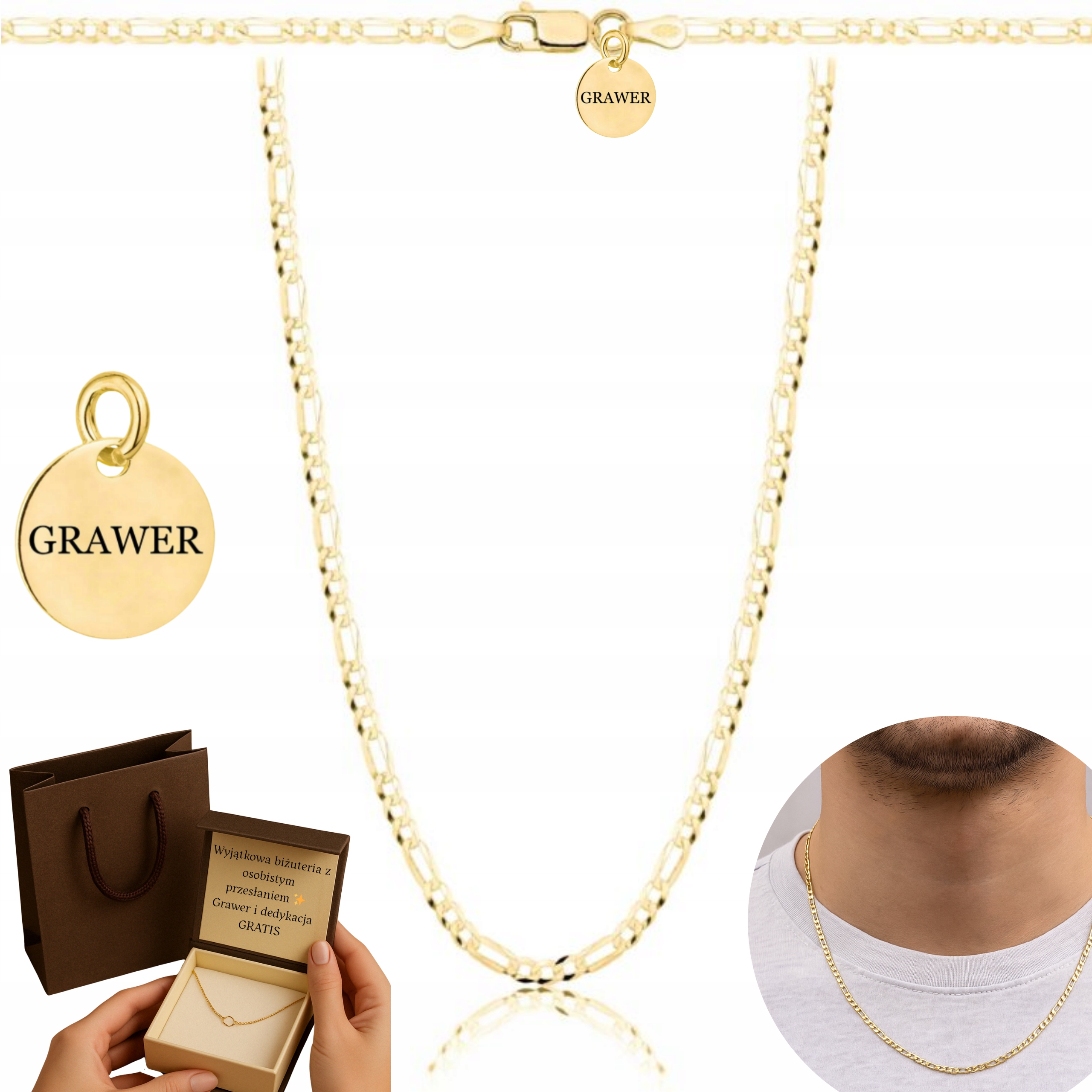 Zlatý Řetízek Figaro Ryzost 925 585 Pánský Dámský 2,3 MM Gravírování Pozlacený