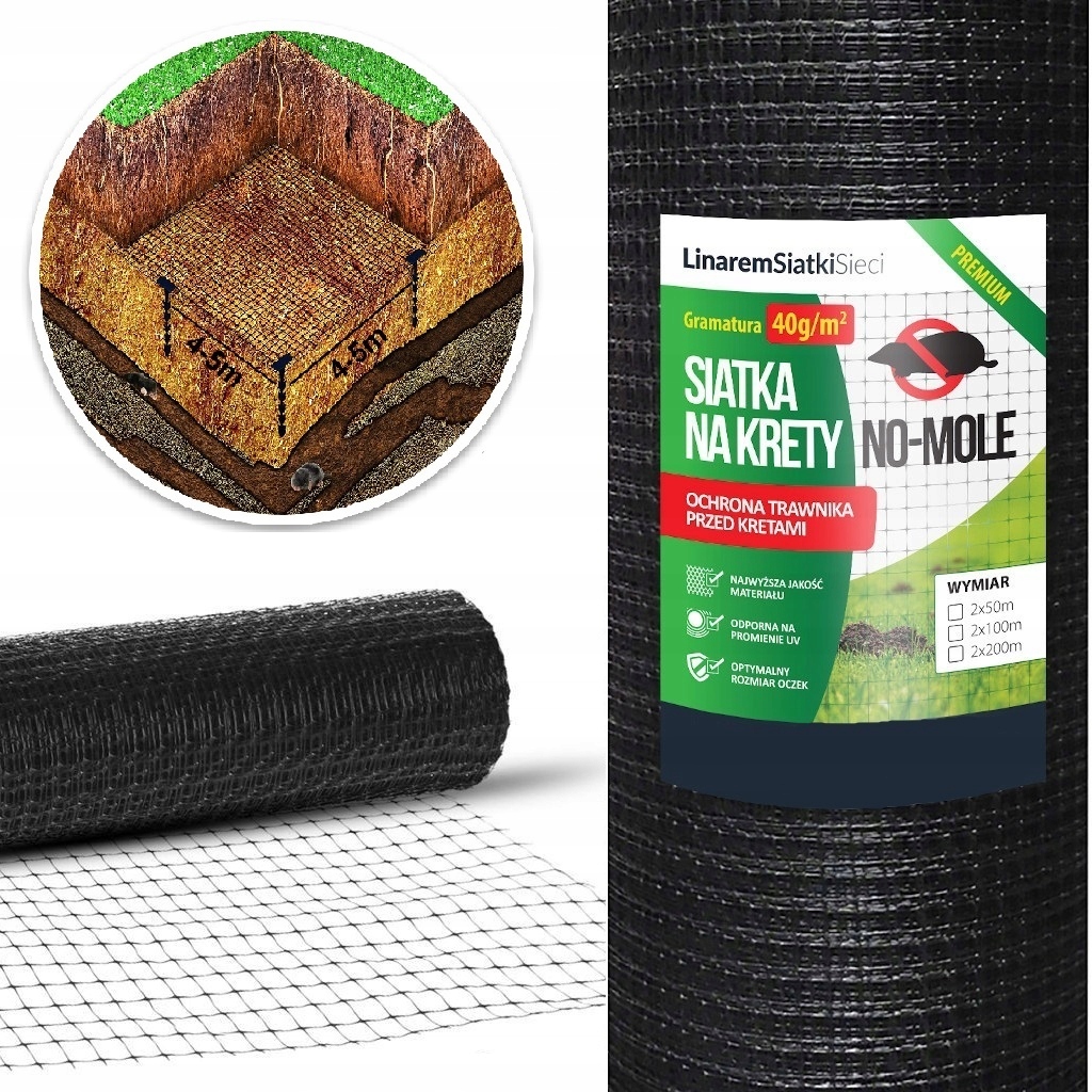 SIATKA NA KRETY 2x100m PREMIUM 40g POD TRAWNIK PRZECIW KRETOM POLSKA +KOŁKI Rodzaj siatka