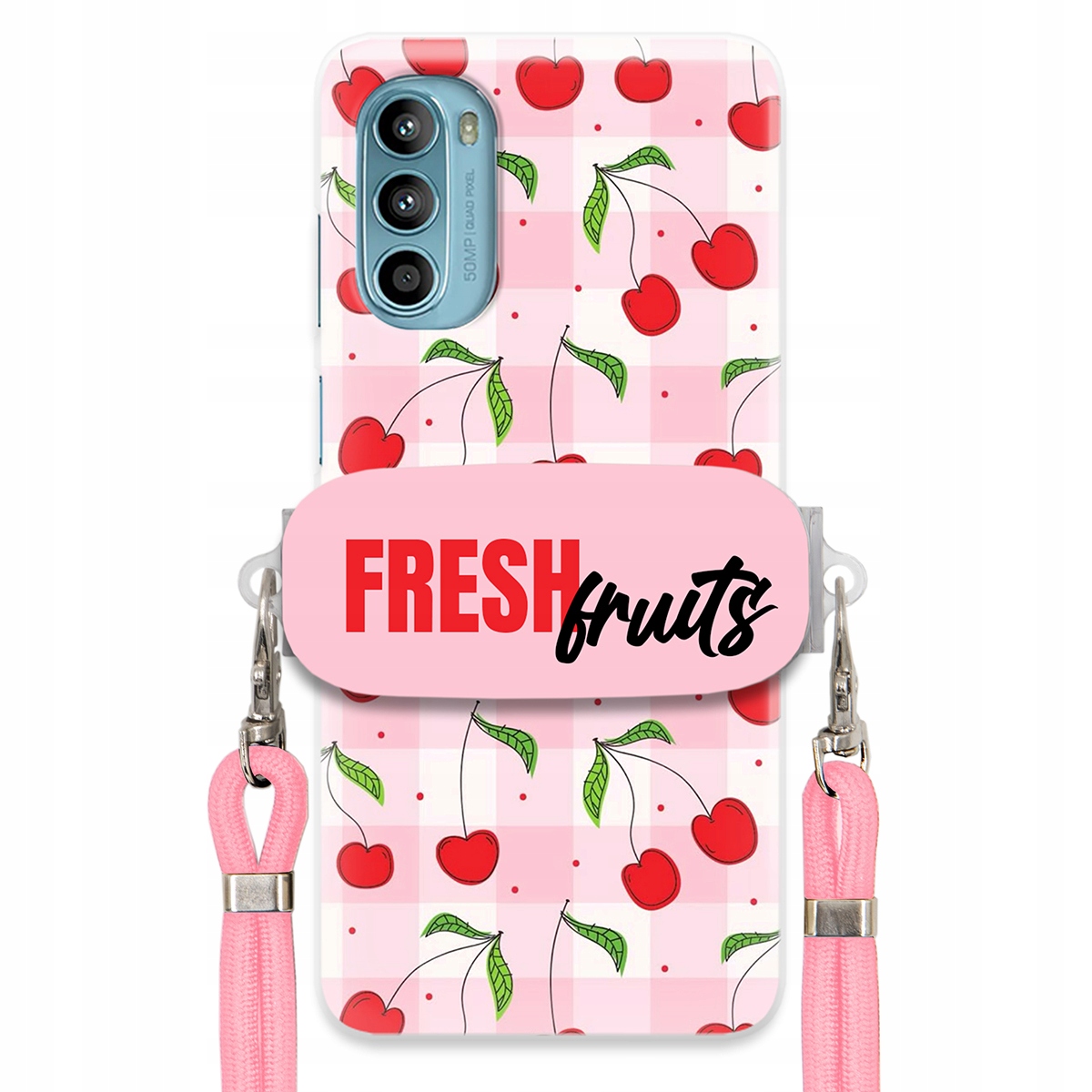 Pouzdro pro Motorola G52 Case Držák Šňůrka Růžová Fresh Fruits Mřížka Ovoce