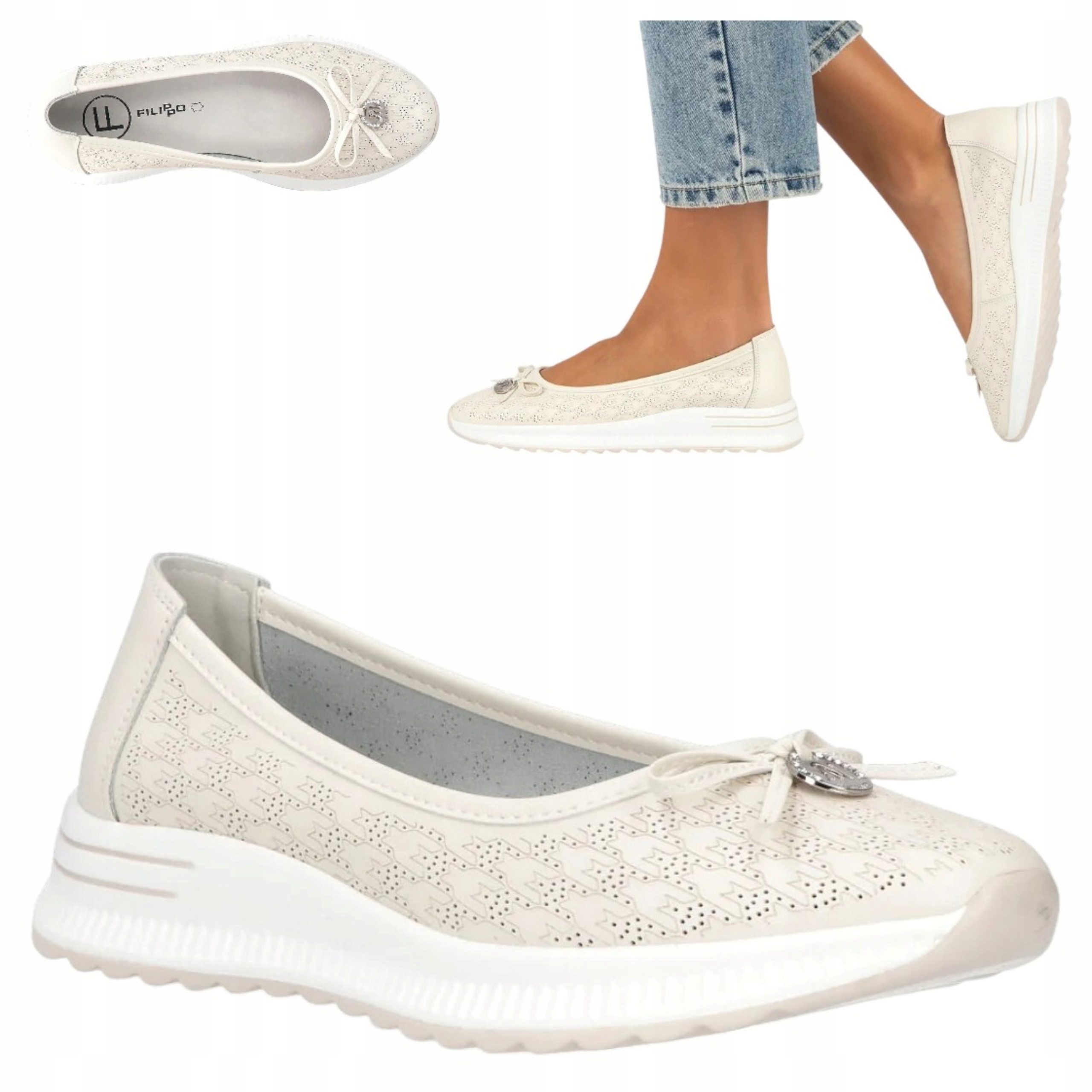 Filippo 38 Oddychające Balerinki Skóra Naturalna Letnie obuwie na koturnie