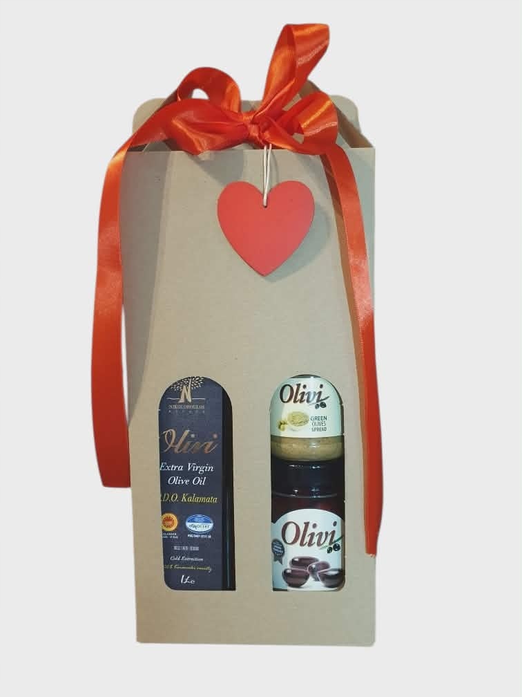 Levně dárková sada Řecký extra panenský olej Pdo 1 l, olivy, pasta, Kalamat