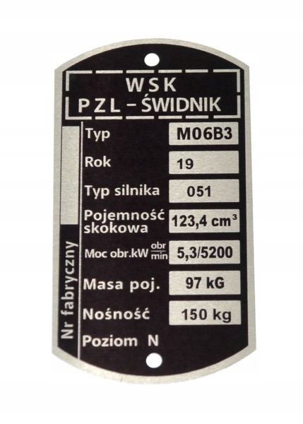

Tabliczka znamionowa Wsk 125 M06 B3 051