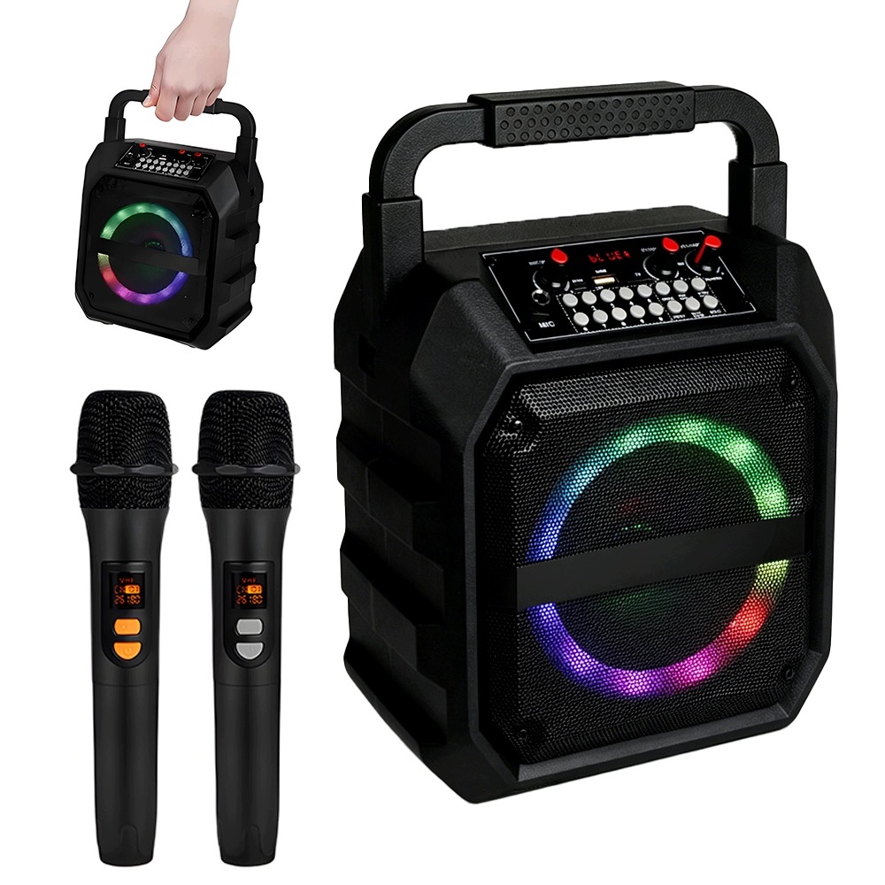 Přenosný Led bluetooth reproduktor Karaoke s 2 mikrofony, černý, 10-150 W