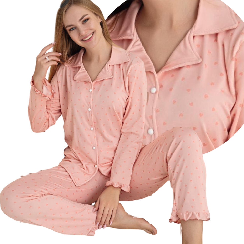 Piżama Damska Bawełniana Dwuczęściowa Rozpinana Długi Rękaw Spodnie Ciepłe