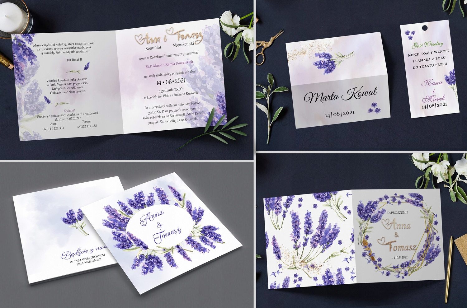 Zaproszenia ślubne LAWENDA koperta PAPIER PERŁOWY Marka inny