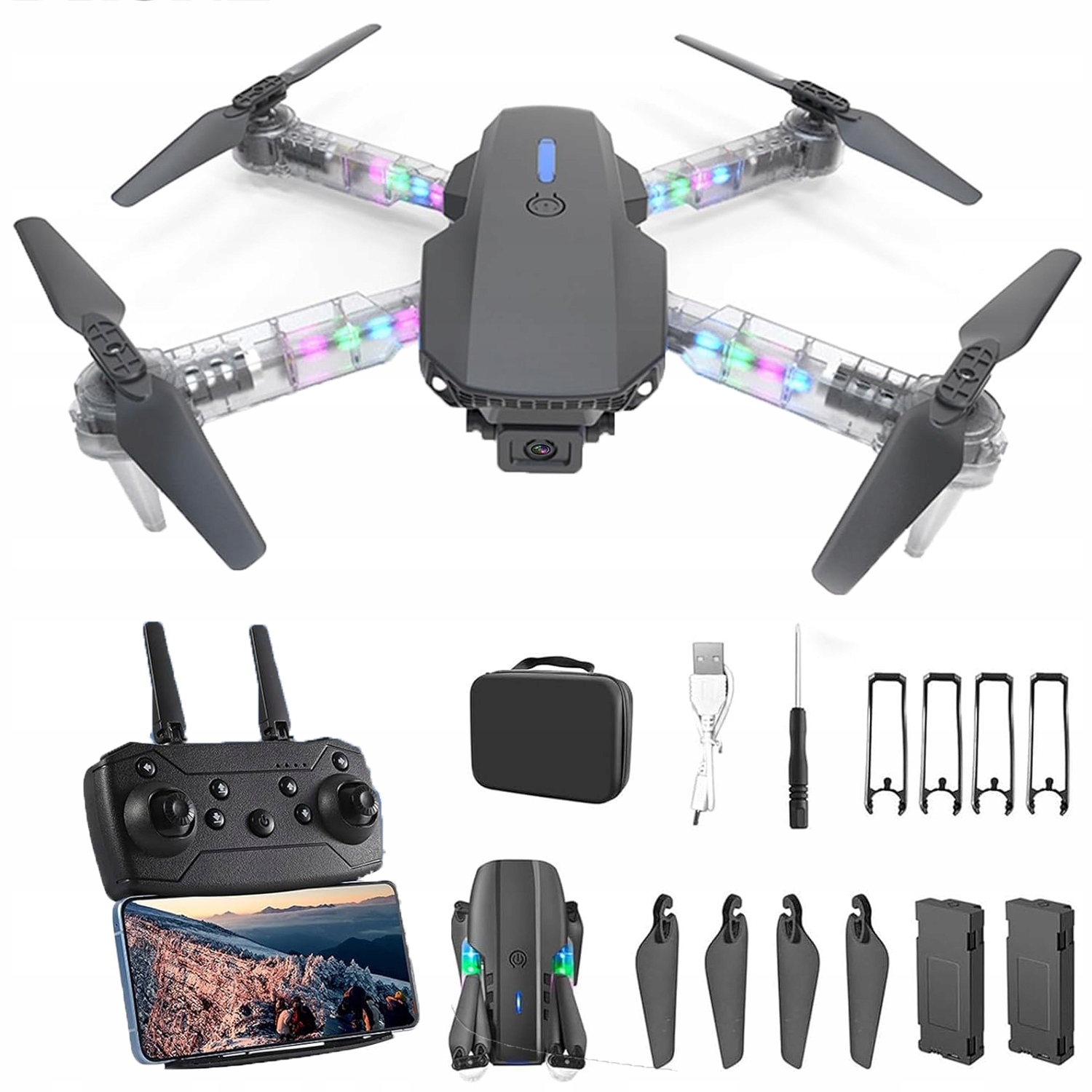 Skládací Mini Drone Kvadrokoptéra S Wifi Kamerou 2X 1800 Mah Usb Barevný Led