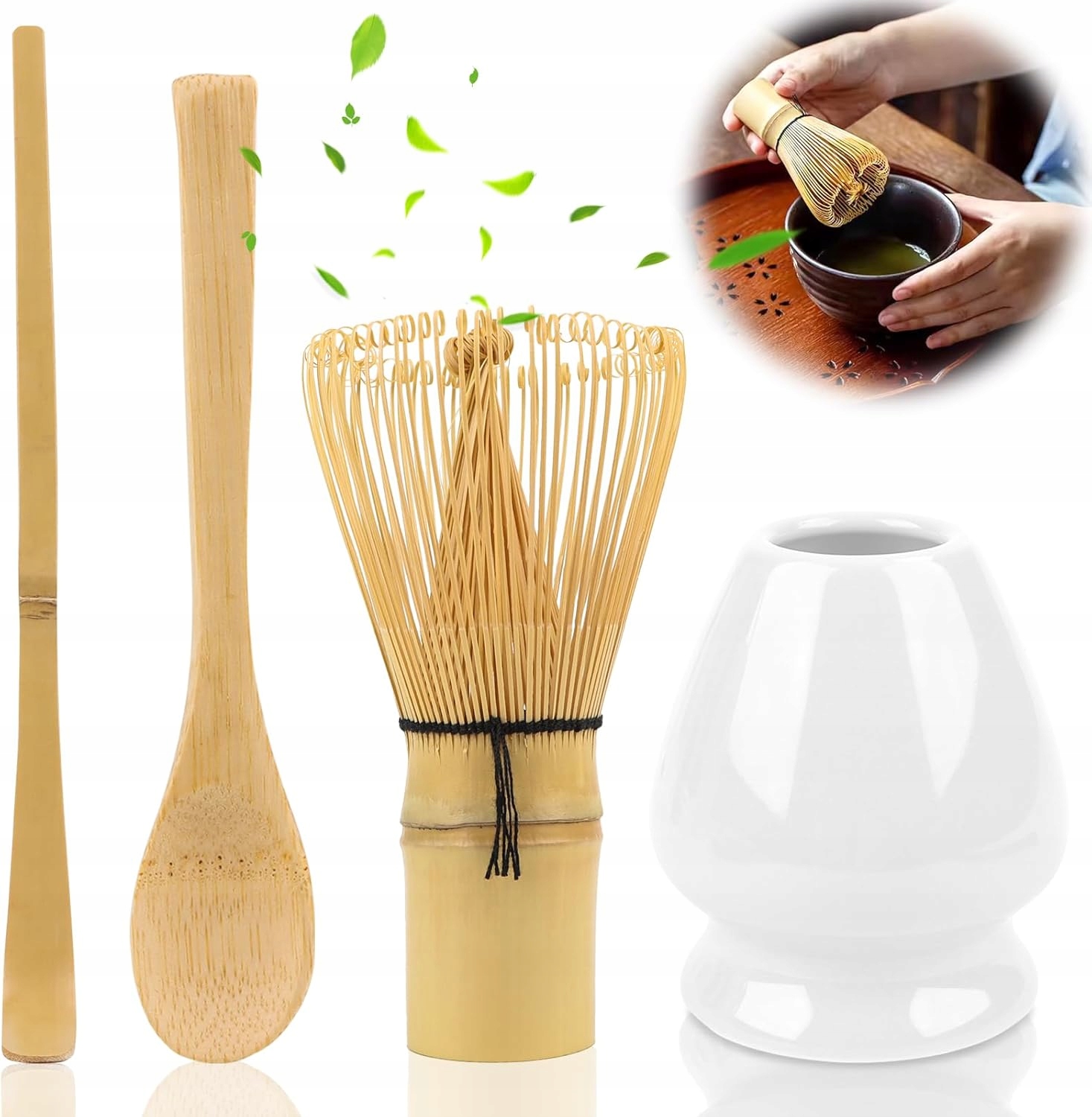 Levně Japonská sada na matchu 4v1 – bambusová šlehací metla, lžíce, stojan