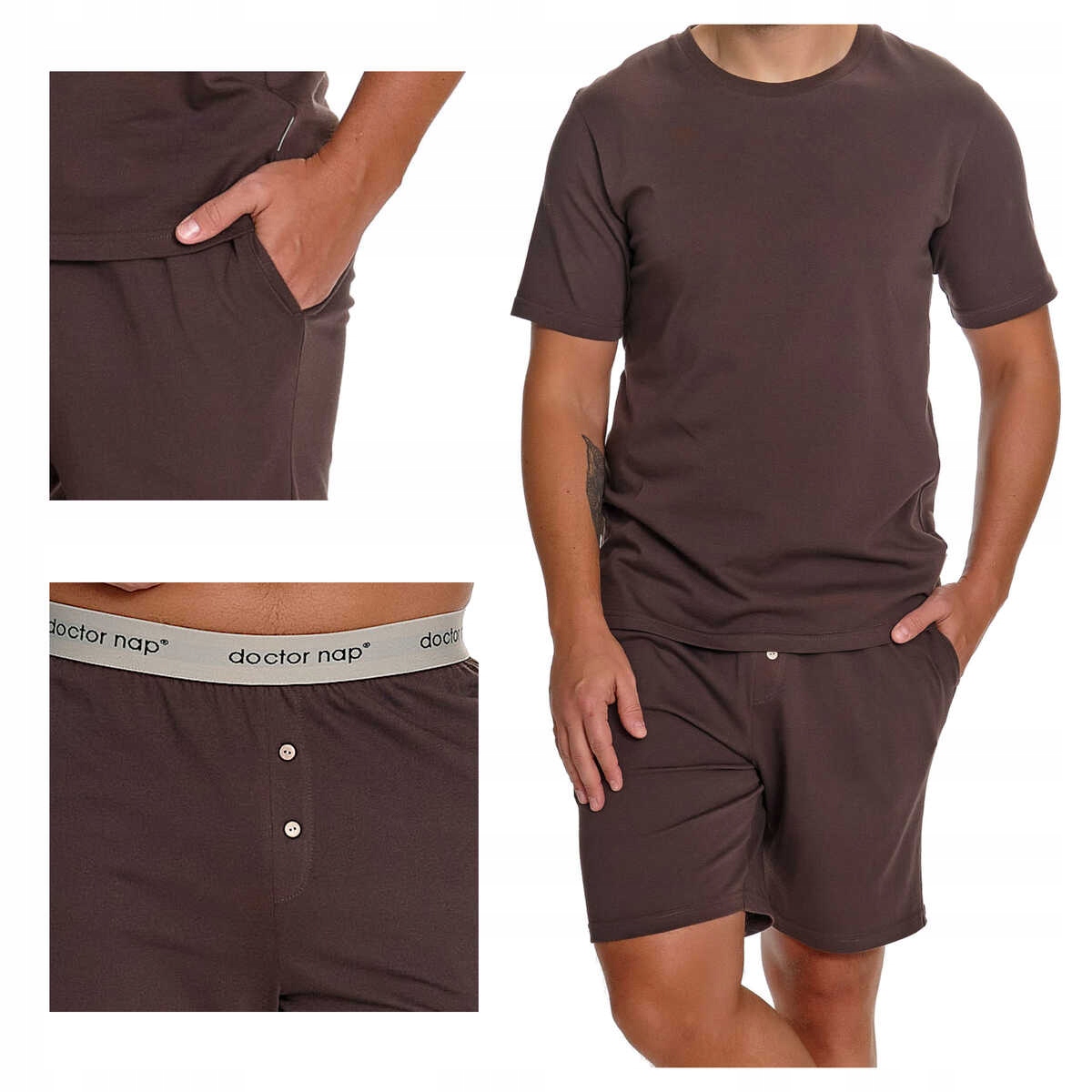 Doctornap Pánské bavlněné pyžamo s krátkým rukávem Pmb 4332 hnědé, velikost M