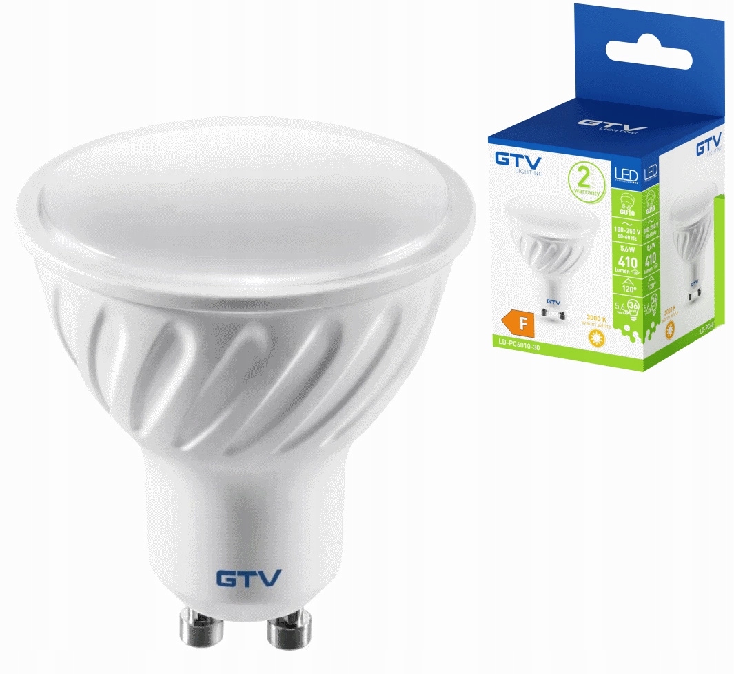  /><p><b>Źródło światła GTV GU10</b></p><p>Energooszczędne i wydajne źródło światła o mocy 6W z technologią SMD 2835. Emituje ciepłe białe światło, tworząc przytulną atmosferę. Dzięki gwintowi GU10 pasuje do standardowych opraw, a kąt świecenia 120° zapewnia szerokie rozproszenie światła – idealne do salonów, kuchni czy biur.</p><p>Napięcie 220-240V gwarantuje kompatybilność z większością instalacji. Żarówka cechuje się długą żywotnością, zmniejszając potrzebę wymian i koszty utrzymania. To ekologiczne i efektywne rozwiązanie dla osób ceniących komfort i oszczędność energii.</p><h1>⚙️DANE TECHNICZNE</h1><img src=