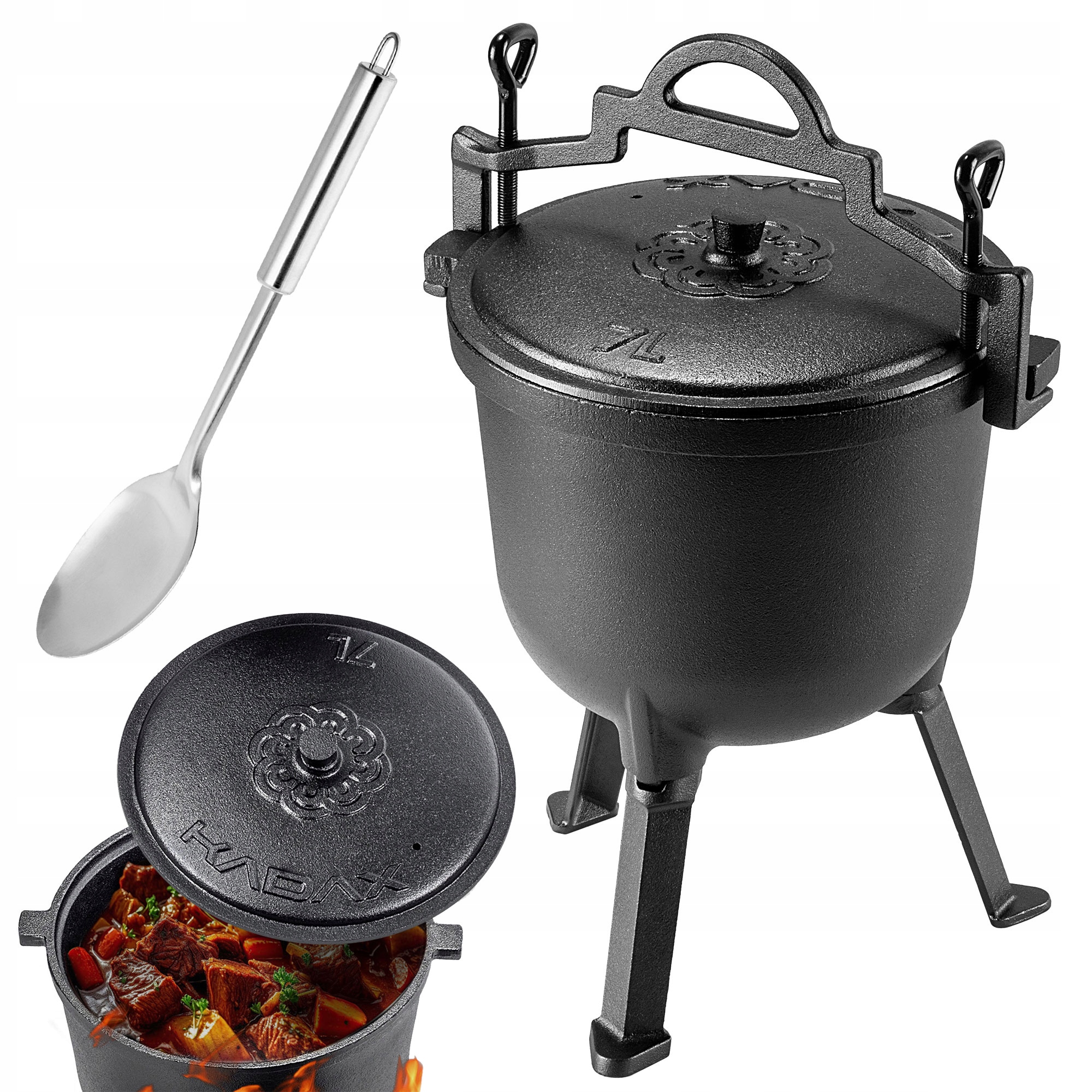 Litinový Lovecký Kotlík 7L Pečeně Na Ohniště Gril Lžíce Bonus