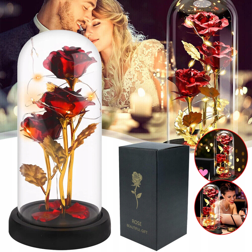 WIECZNA RÓŻA W SZKLE, RÓŻA Z OŚWIETLENIEM LED W SZKLANEJ KOPULE WALENTYNKI