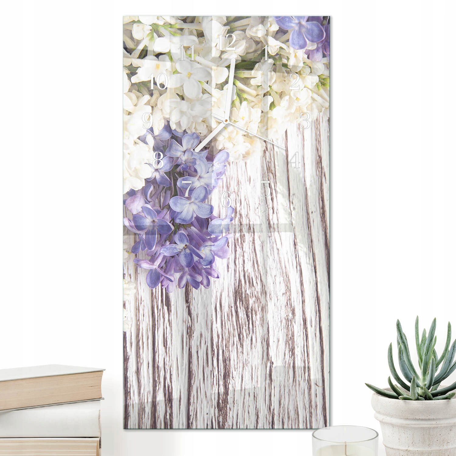 Vertikální nástěnné skleněné hodiny 30x60 cm do obývacího pokoje s potiskem Lila