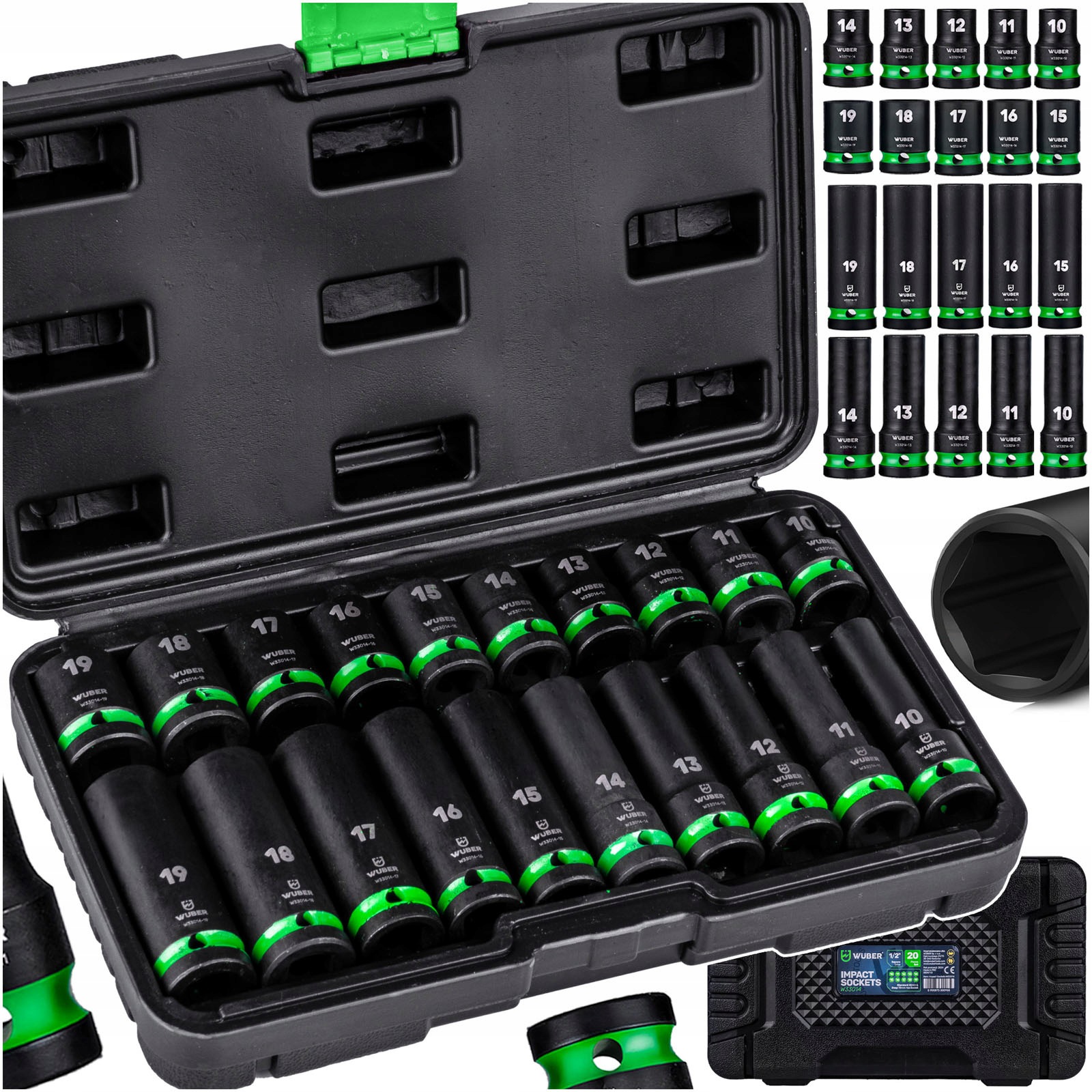 Zestaw Nasadek Udarowych 20 Szt. 1/2" 6-KĄTNE Długie Krótkie 10-19MM Wuber