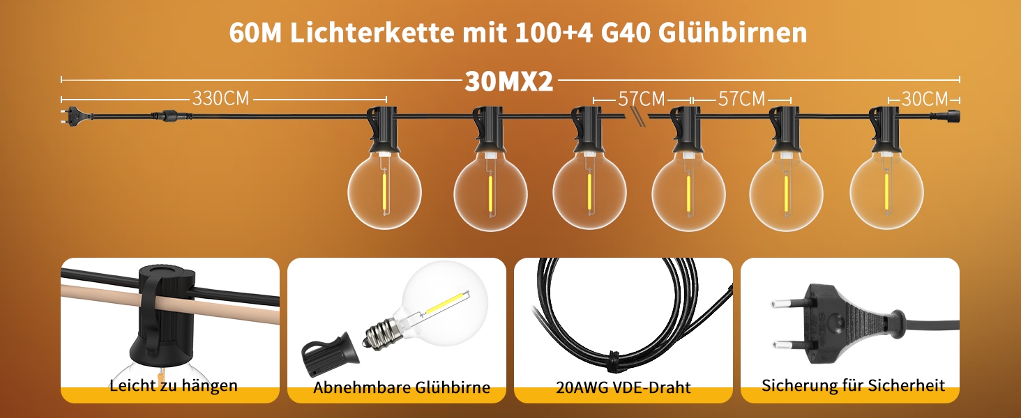 YUUCIO Łańcuch Świetlny Girlanda Zewnętrzna LED 60M 100+ 4SZT IP44 Ciepłe — miniatura 9