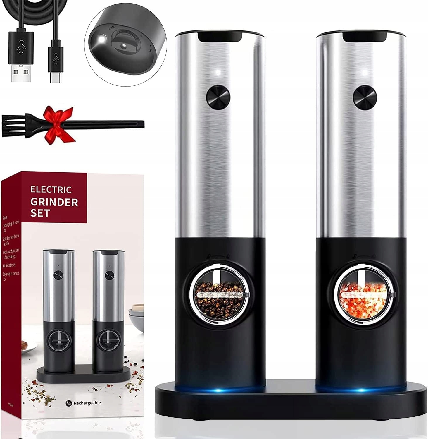 Elektrický Mlýnek Na Pepř A Sůl Led Koření S Nastavitelnou Tloušťkou, 2 Ks
