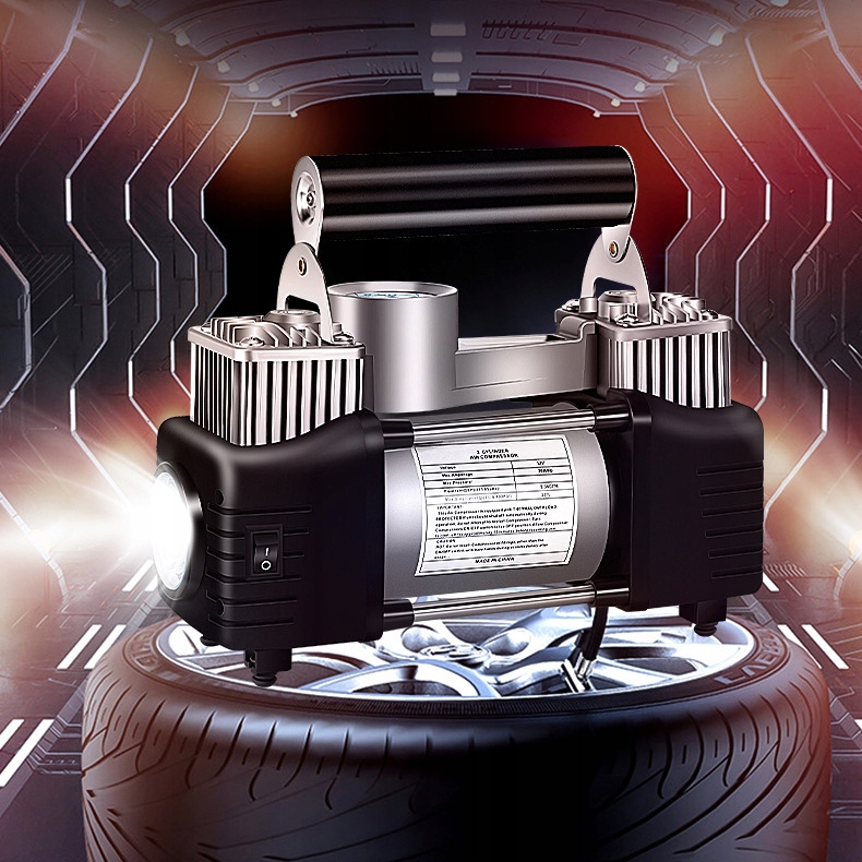 KOMPRESOR SAMOCHODOWY DWUTŁOKOWY Z WYŚWIETLACZEM LCD LATARKA 12V 200W Marka bez marki