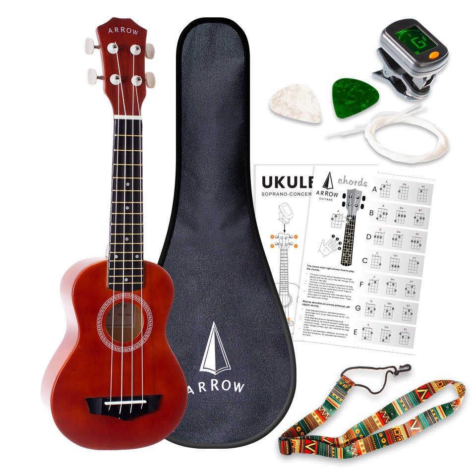 Arrow PB10 Nt Soprano Natural Dark Top Ukulele Set