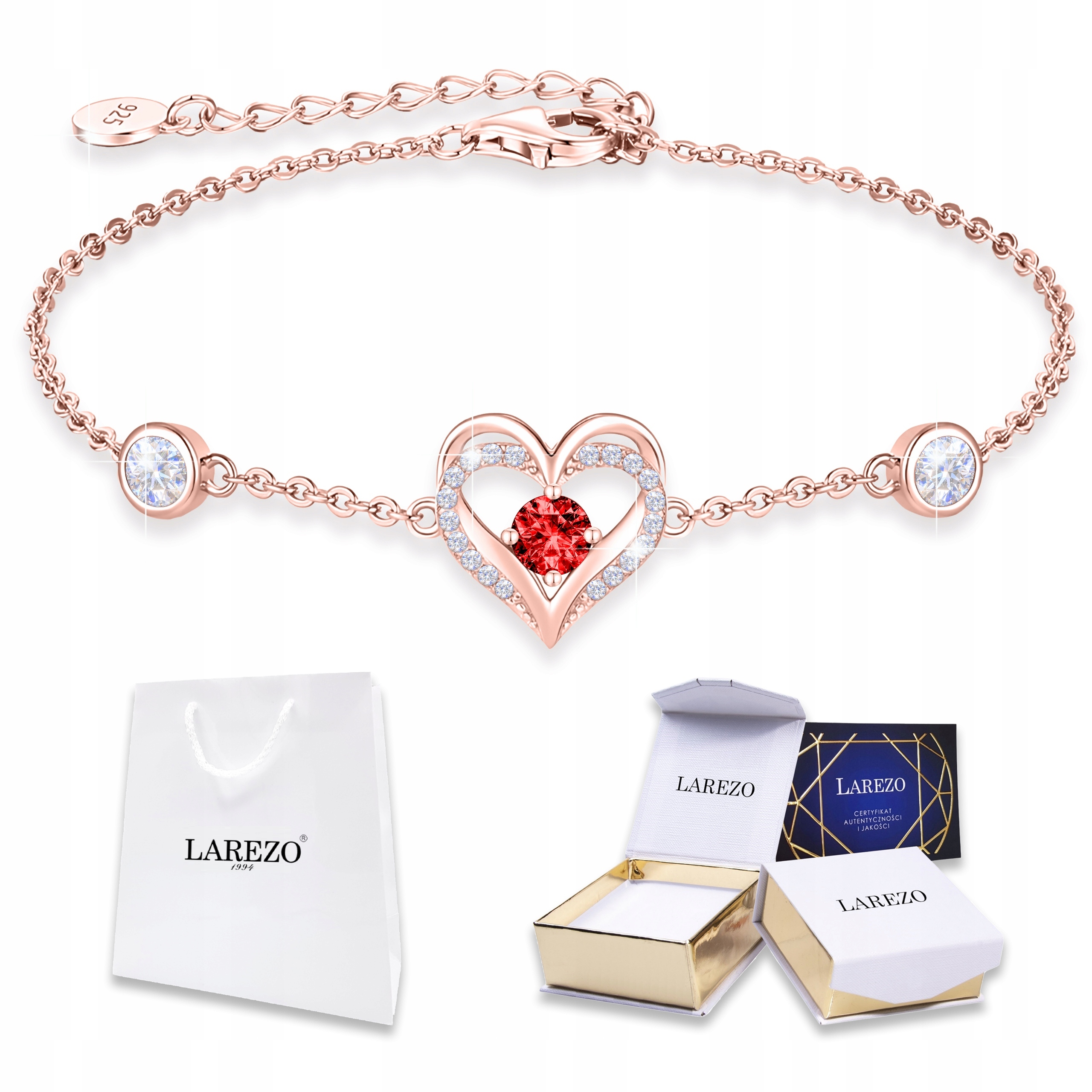 Pozlacený náramek Srdce Červené Rubínové Očko Zirkon Stříbro 925