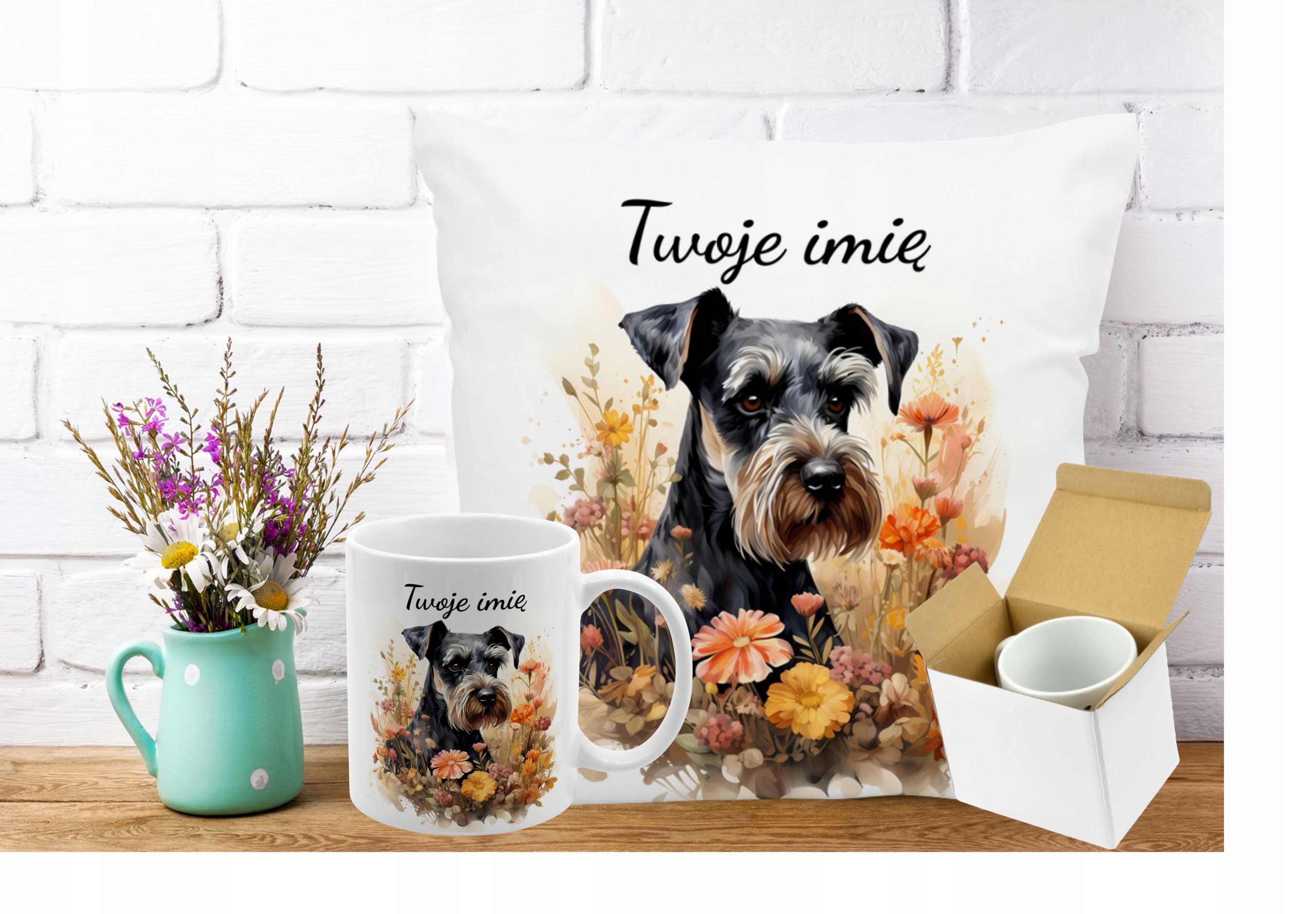 KUBEK PODUSZKA ZESTAW PIES PIESEK RASA SCHNAUZER SZNAUCER Pojemność 330 ml