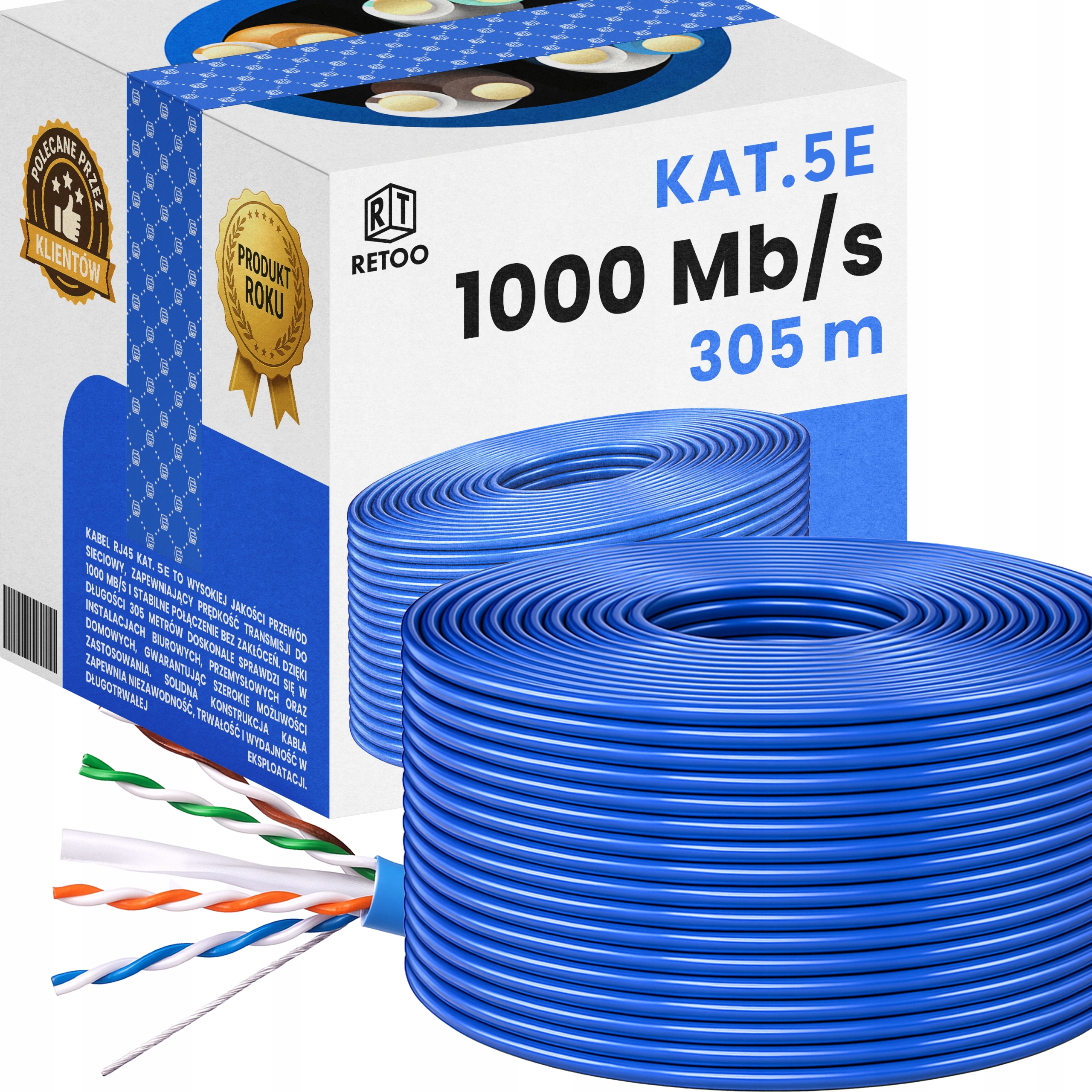 Kabel Sieciowy Lan RJ45 Cat 5E Przewód Internetowy Utp Router Skrętka 305M