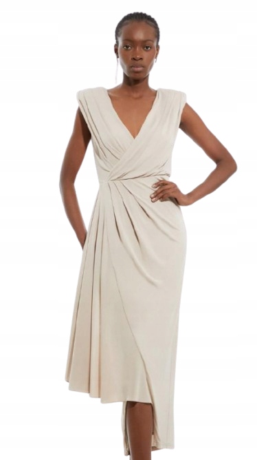 Karen Millen MIDI Béžová Šaty Jednoduchá S Výstřihem V Pro Nízké S B1F