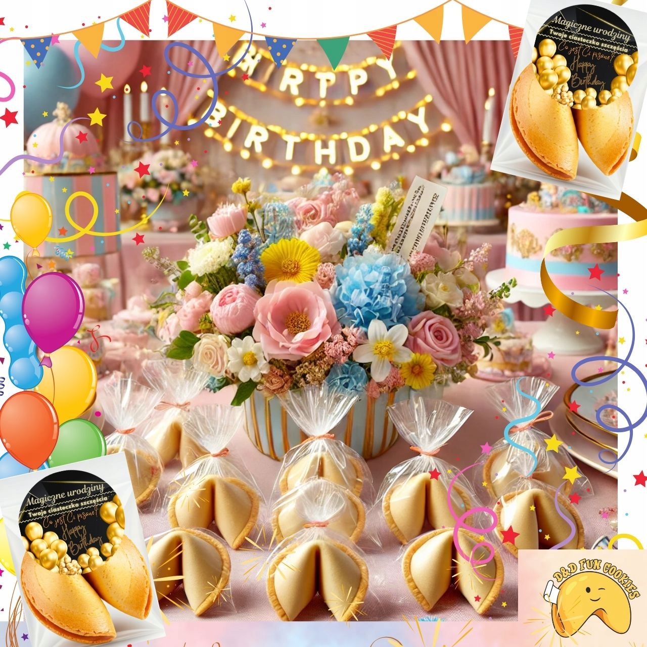 CIASTECZKA Z WRÓŻBĄ MAGICZNE URODZINY DLA GOŚCI PODZIĘKOWANIE 50 sztuk FUN Stan opakowania oryginalne