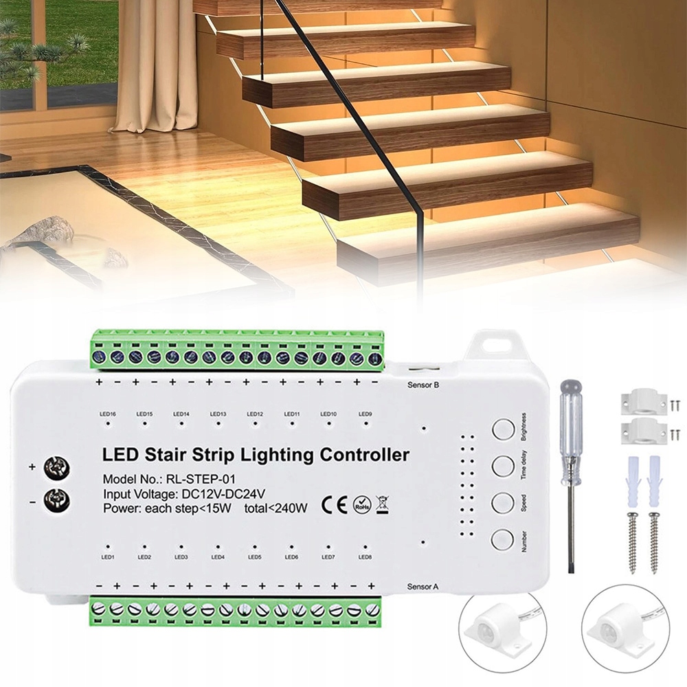 Schodišťový regulátor 12-24V 240W Detektory na 16-stupňovou světelnou pásku