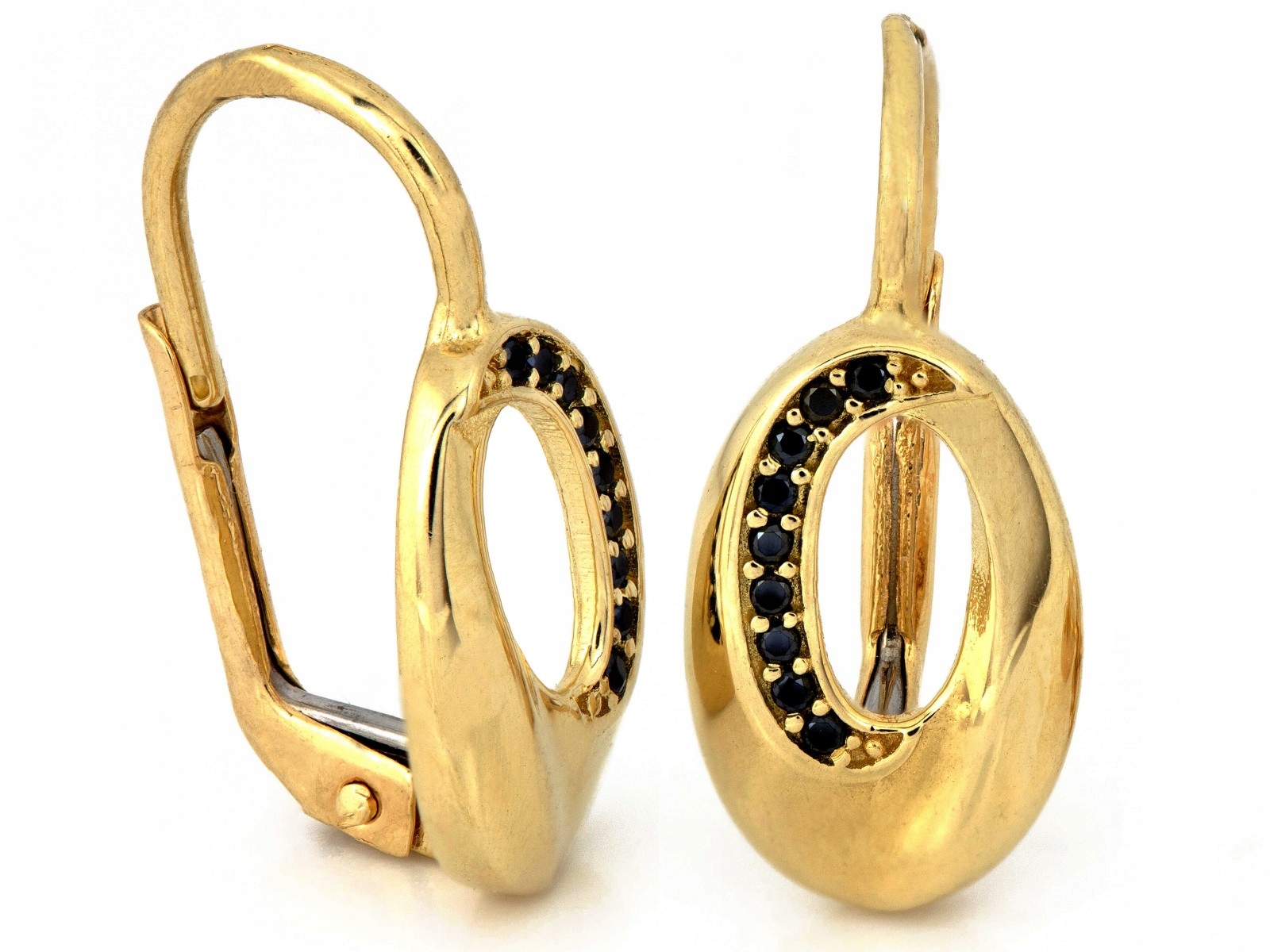 Anglické zlaté 585 náušnice s moderními geometrickými prvky a černými zirkony