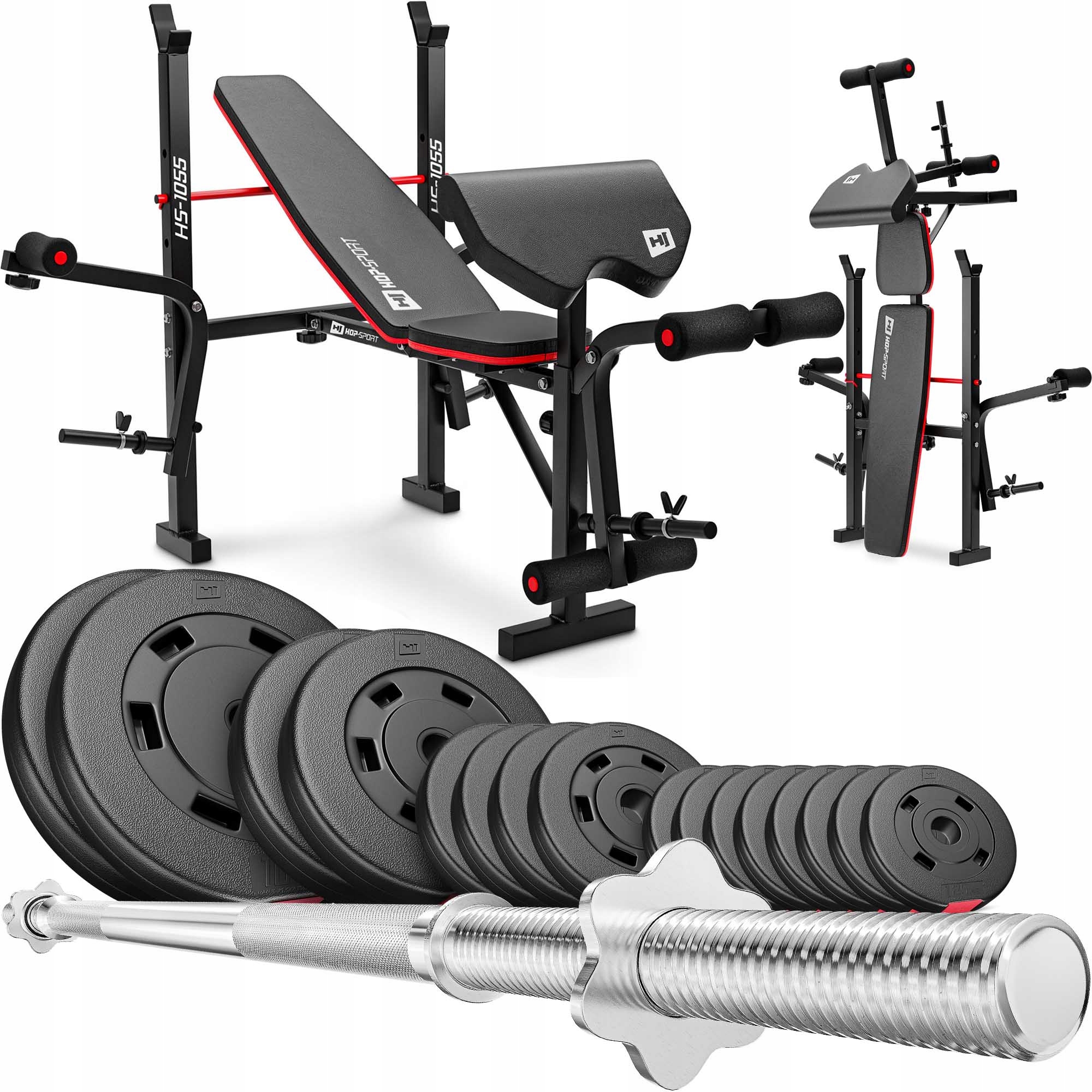 Zestaw obciążeń bitum 59kg z gryfem prostym ławka regulowana z stojakami