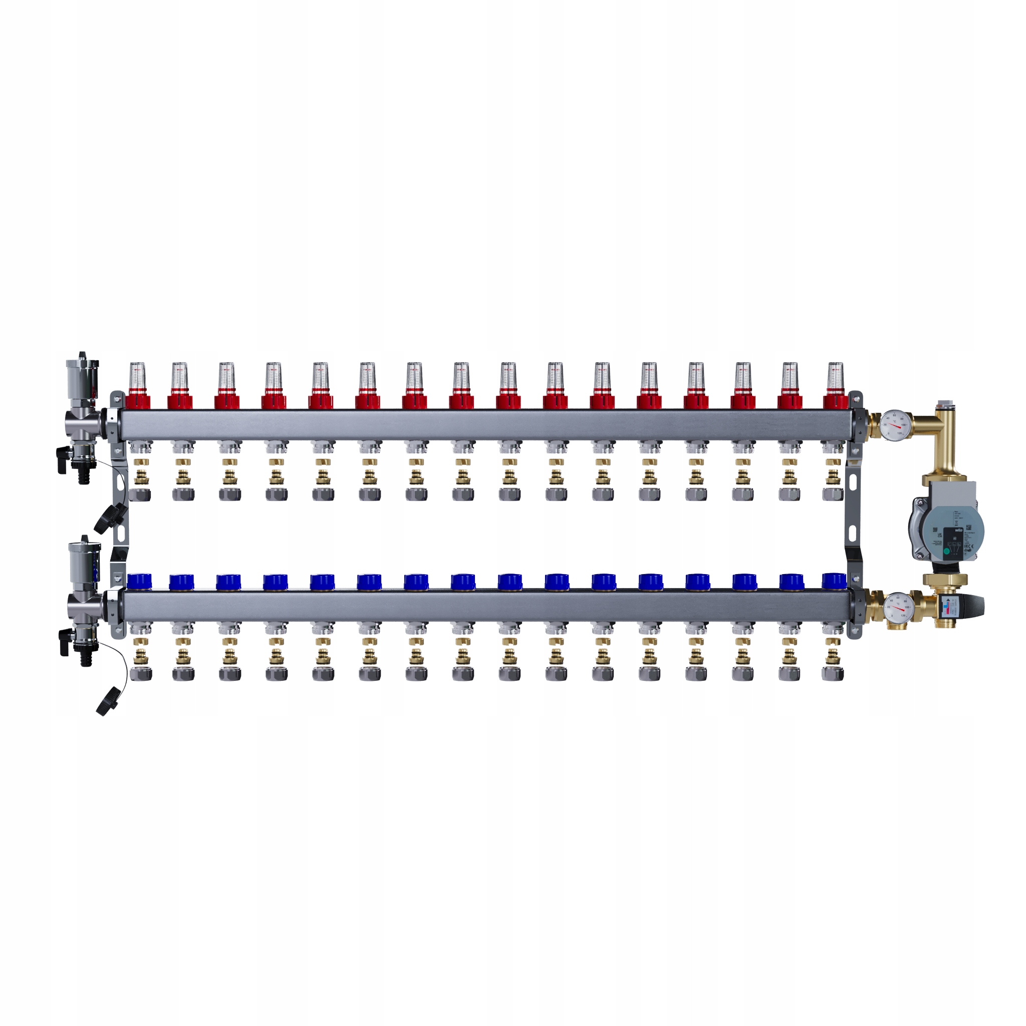 Rozdělovač pro podlahové vytápění 16 nerezový+SPOJKY Pex+pompa Wilo