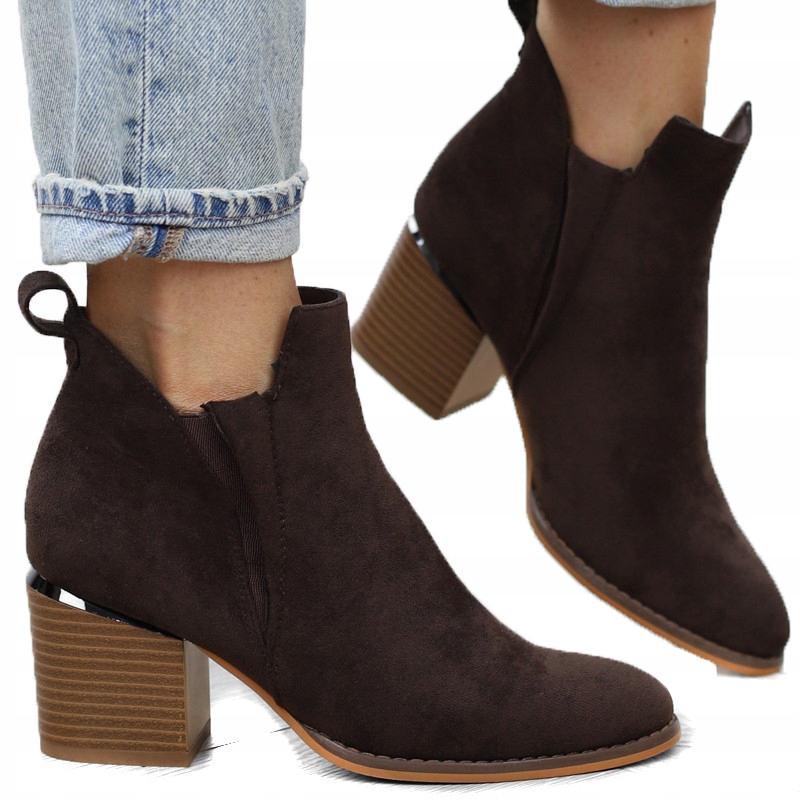 Hnědé čokoládové dámské kotníkové boty zateplené gumičkou, podpatek, semišový sloupek